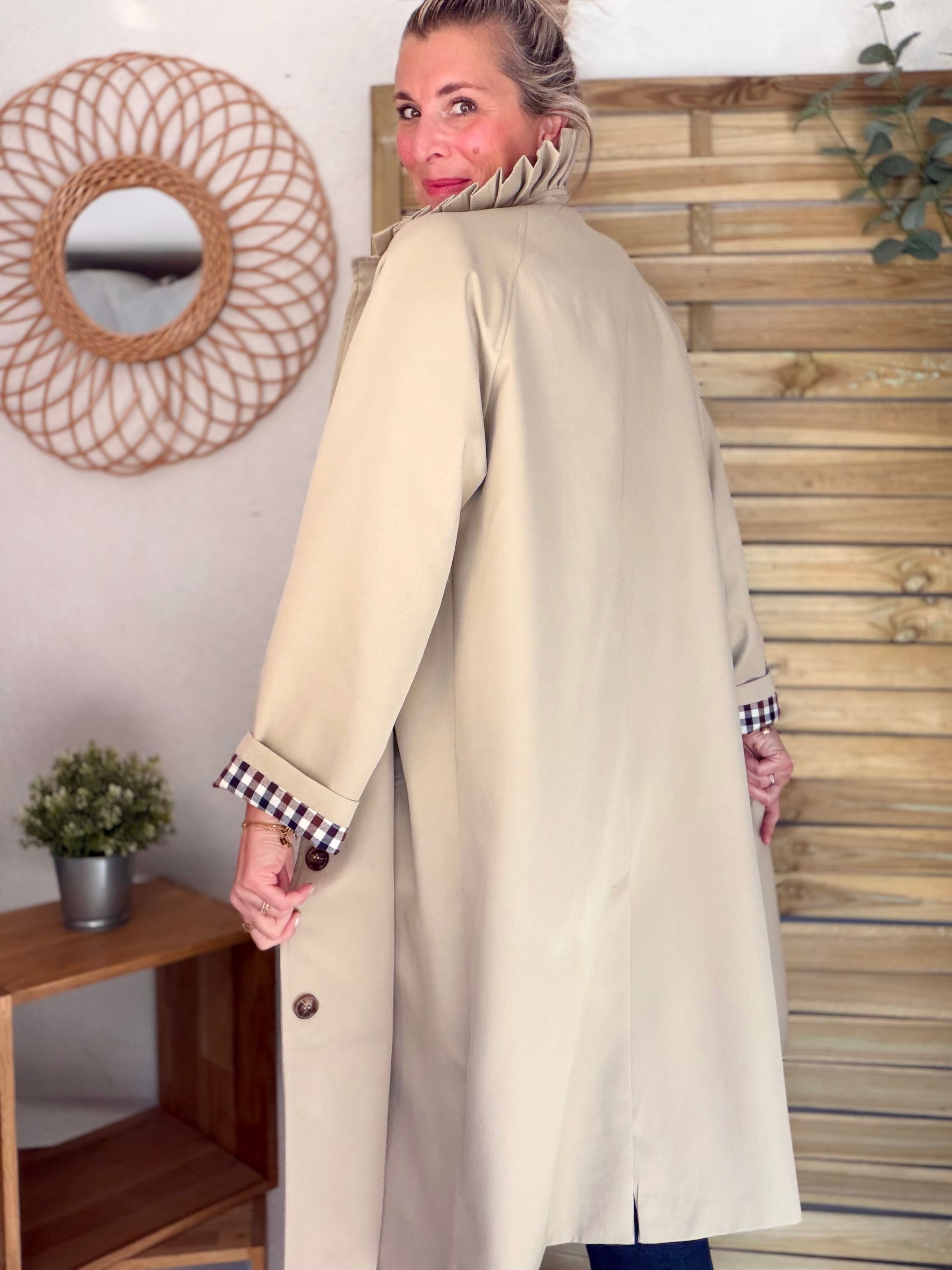 Veste Trench col victorien avec vichy - VICKY LONG Beige