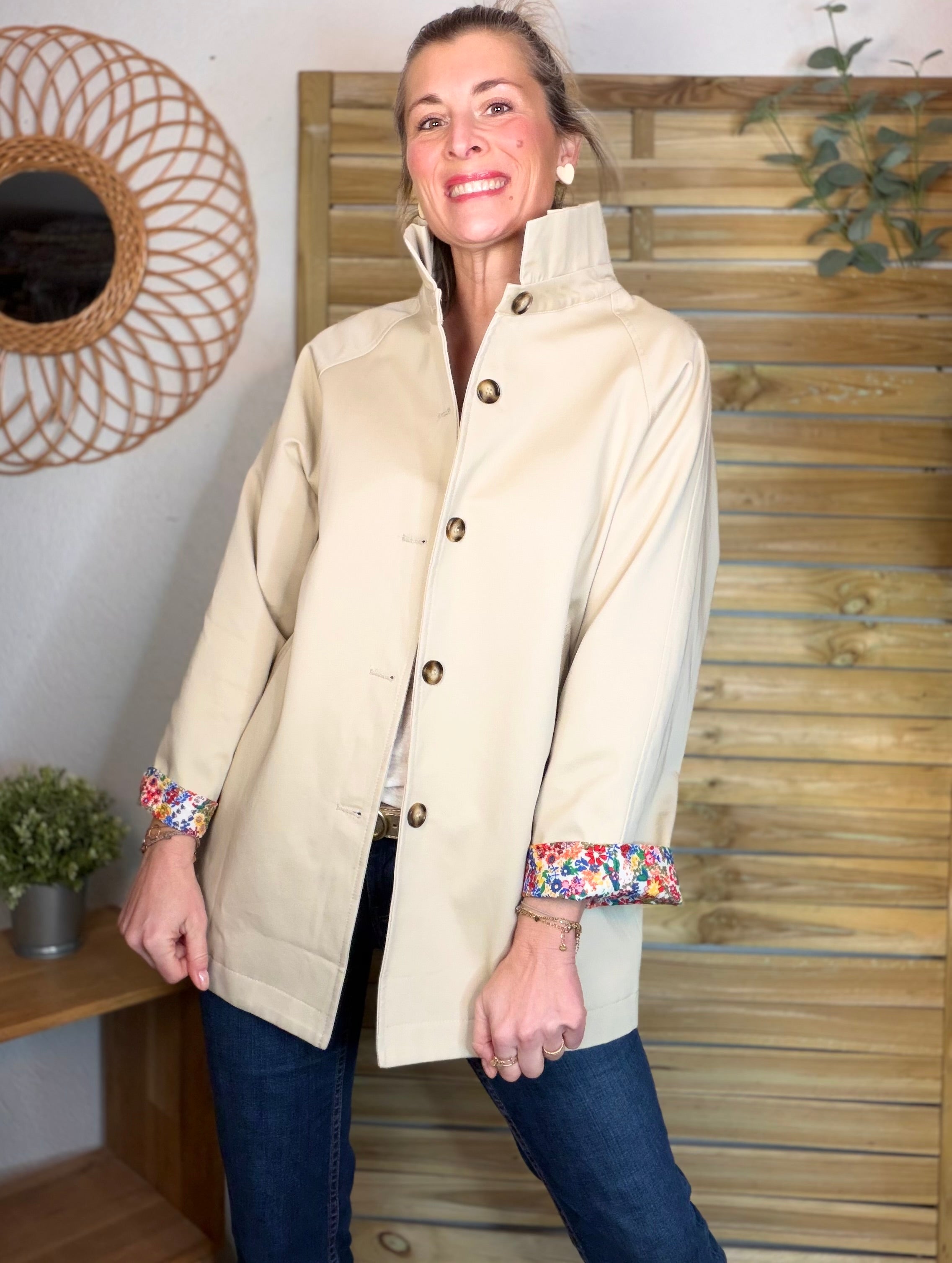 Veste Trench mi-long col victorien avec Liberty - ANDY Beige