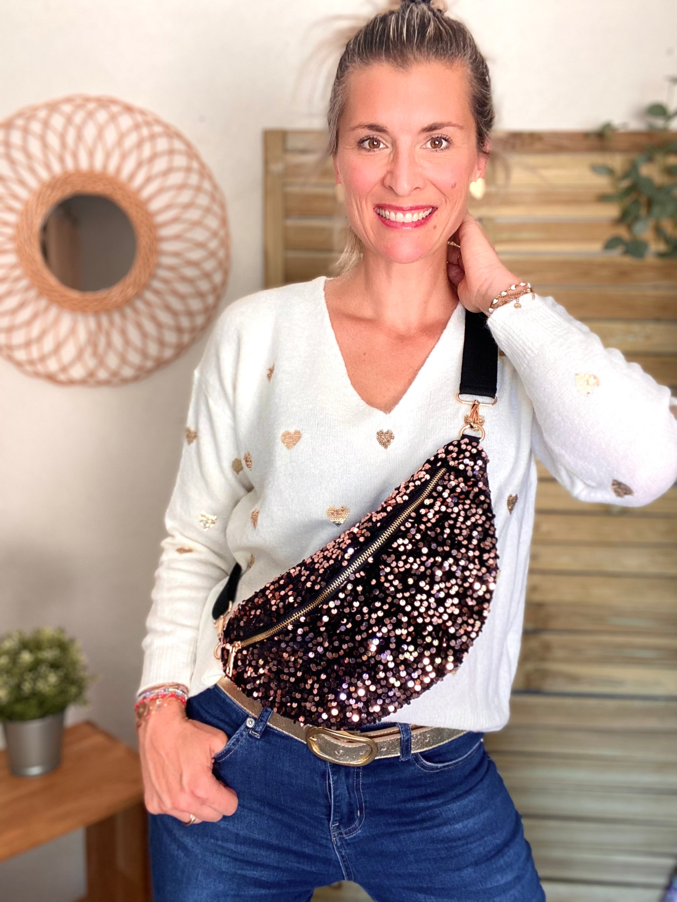 Sac banane L velours à sequins Ciao Boum - TAYLOR - Noir à sequins rosés