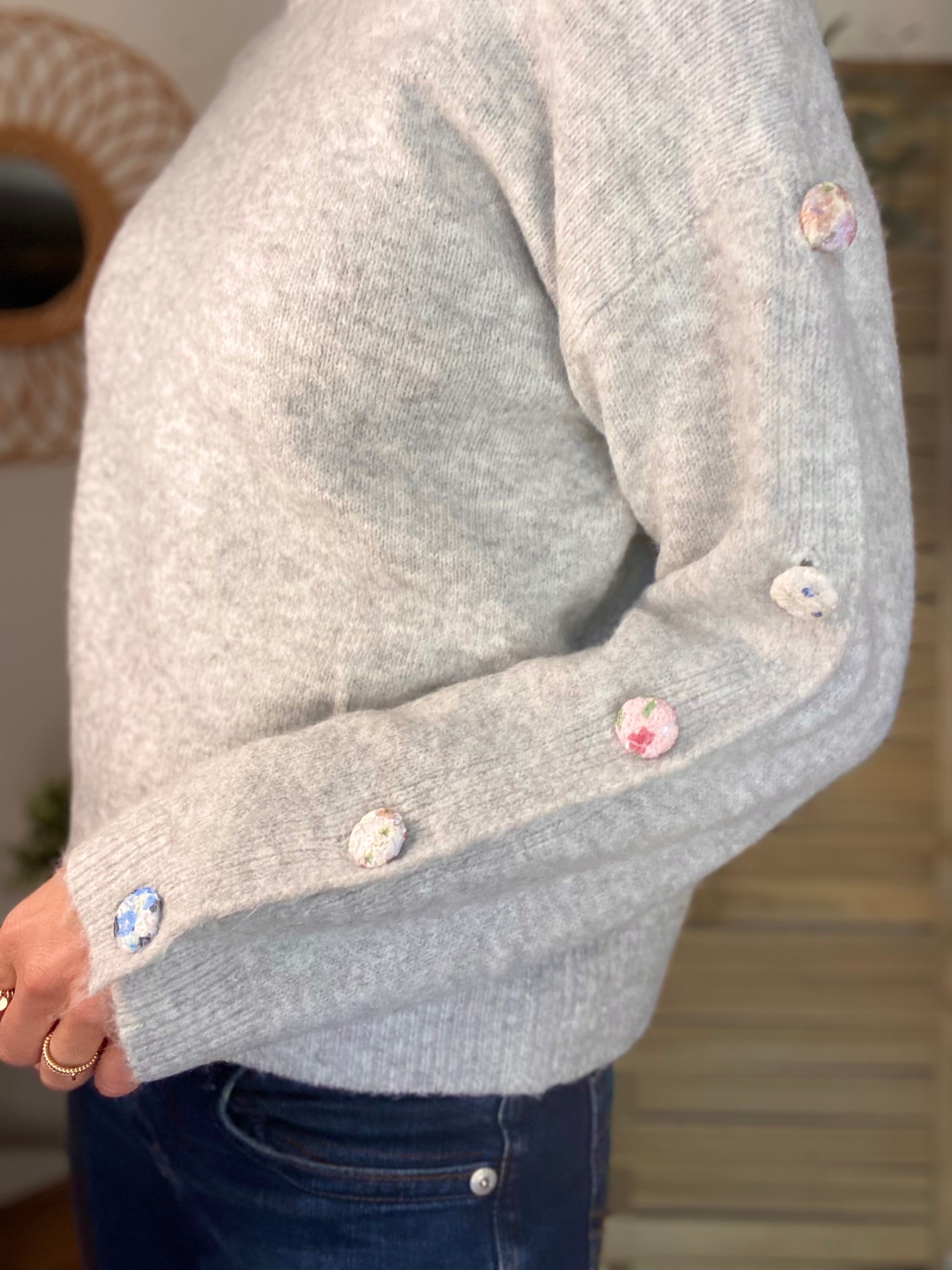 ⚡️ PÉPITES FRIDAY - Pull boutons tissu fleuri - Gris chiné - HAZEL