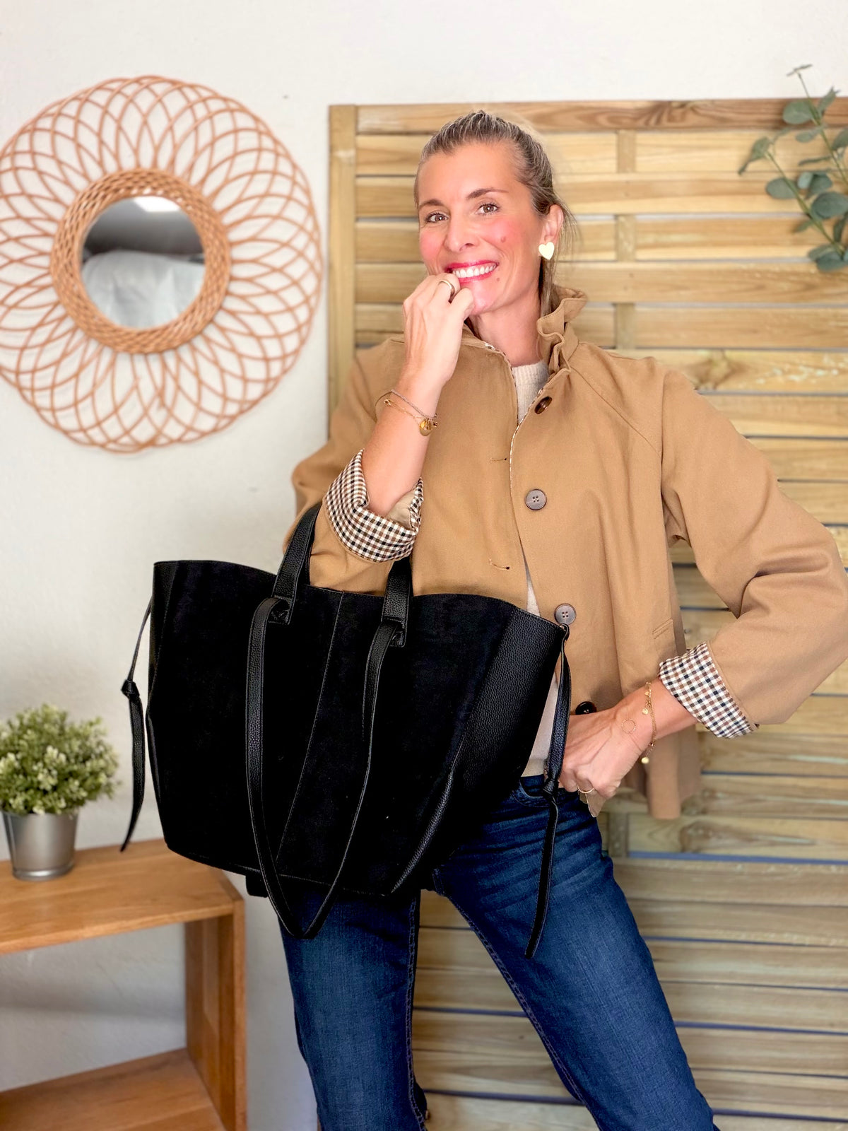 Grand Sac cabas 2 en 1 en simili daim - LAURÈNE Noir