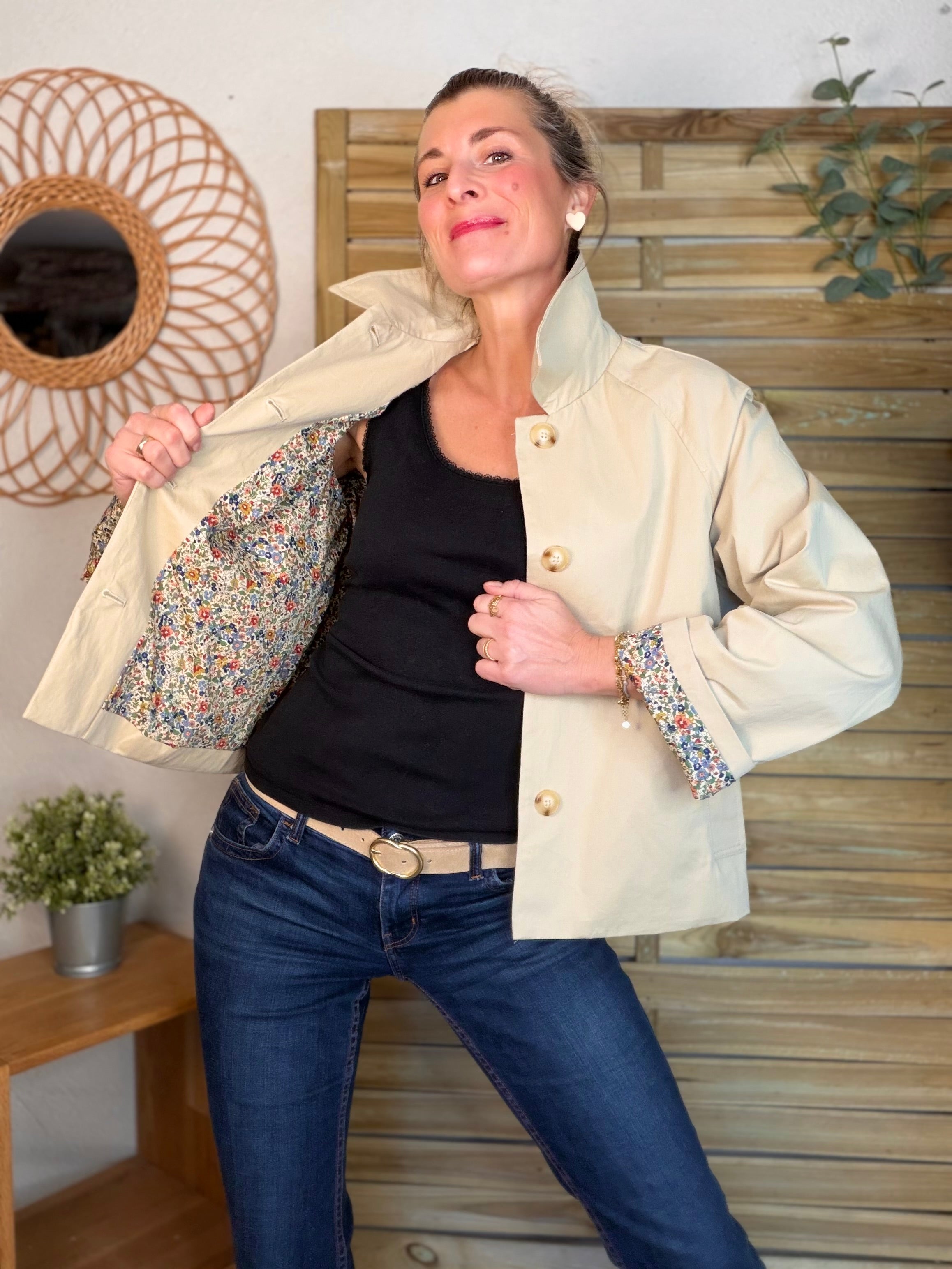 Veste Trench en coton beige avec Liberty - MARION (Taille 2 ans à la Taille L)