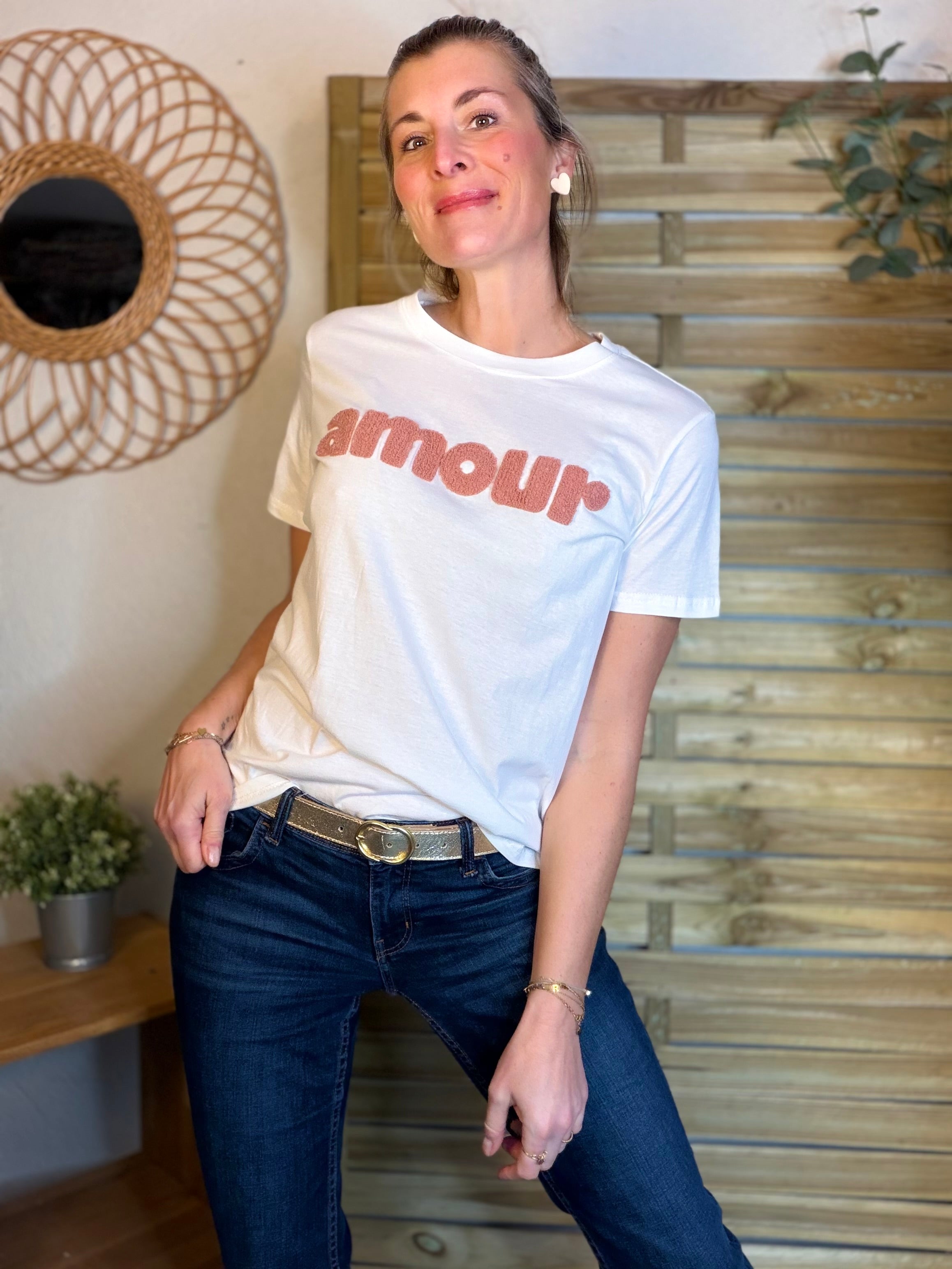 Tee shirt amour MAÏA Blanc/Vieux rose