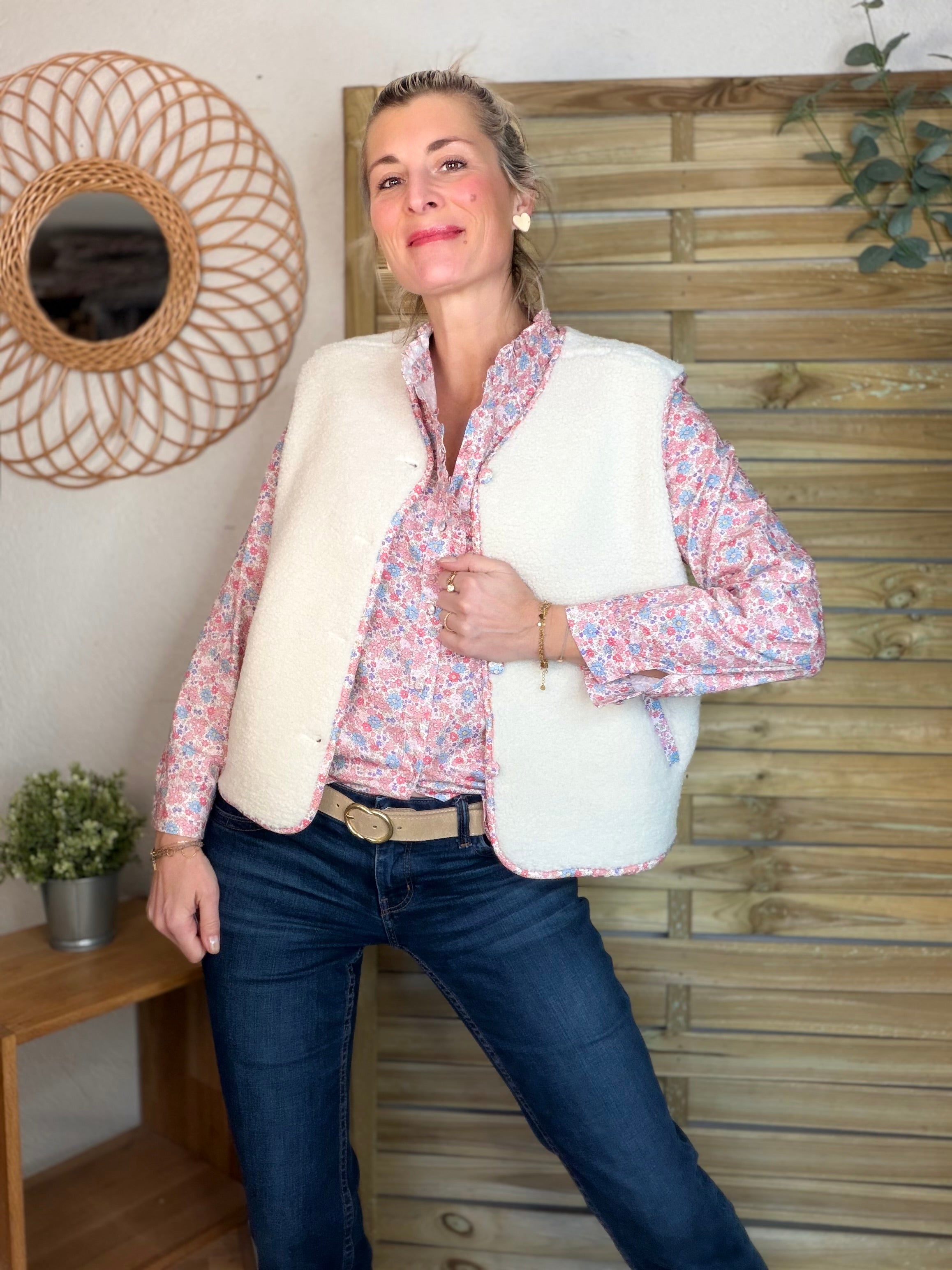 Gilet sans manche moumoute et Liberty LUCIE