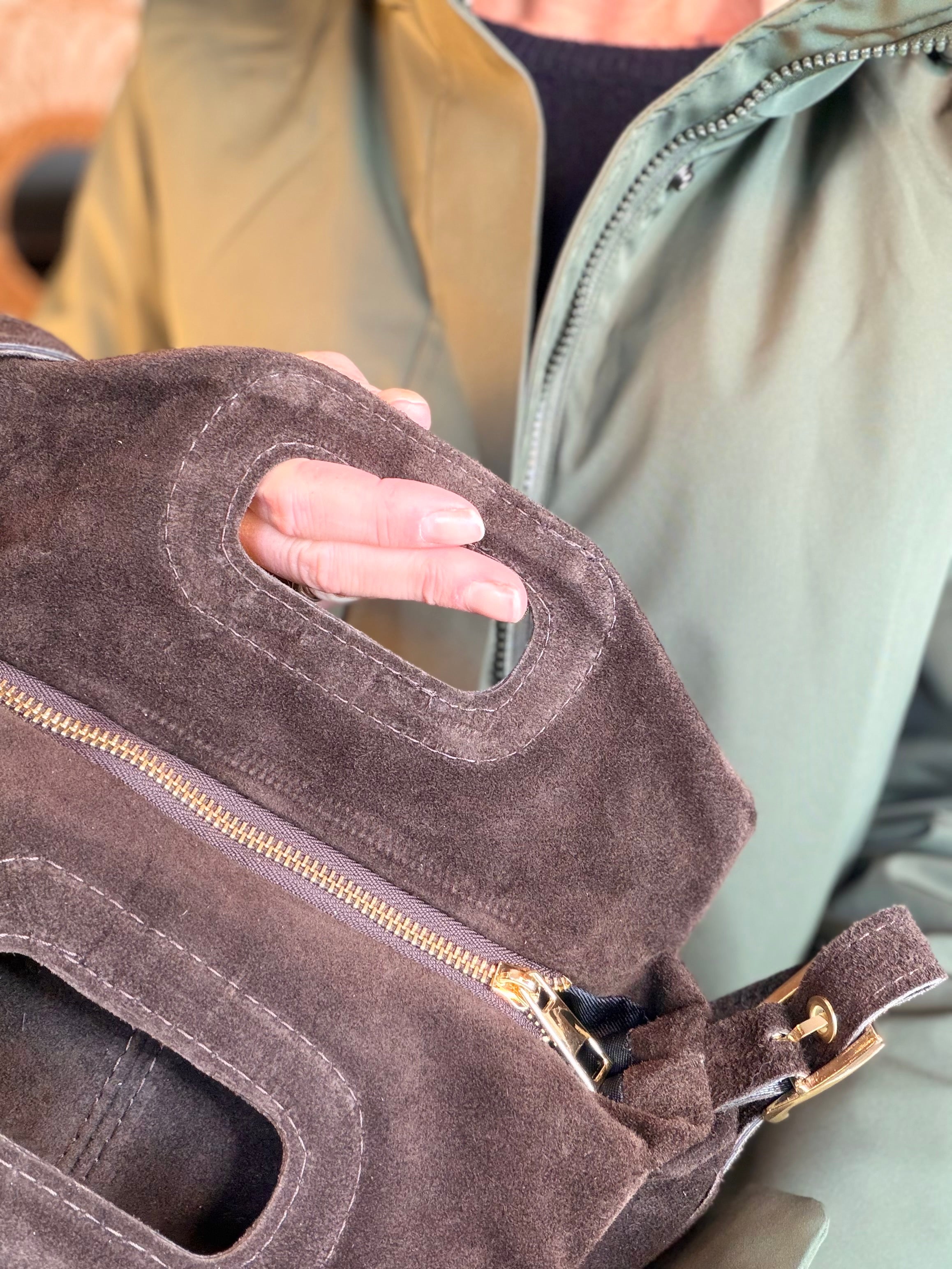 Sac en cuir daim avec franges LOGAN - Chocolat