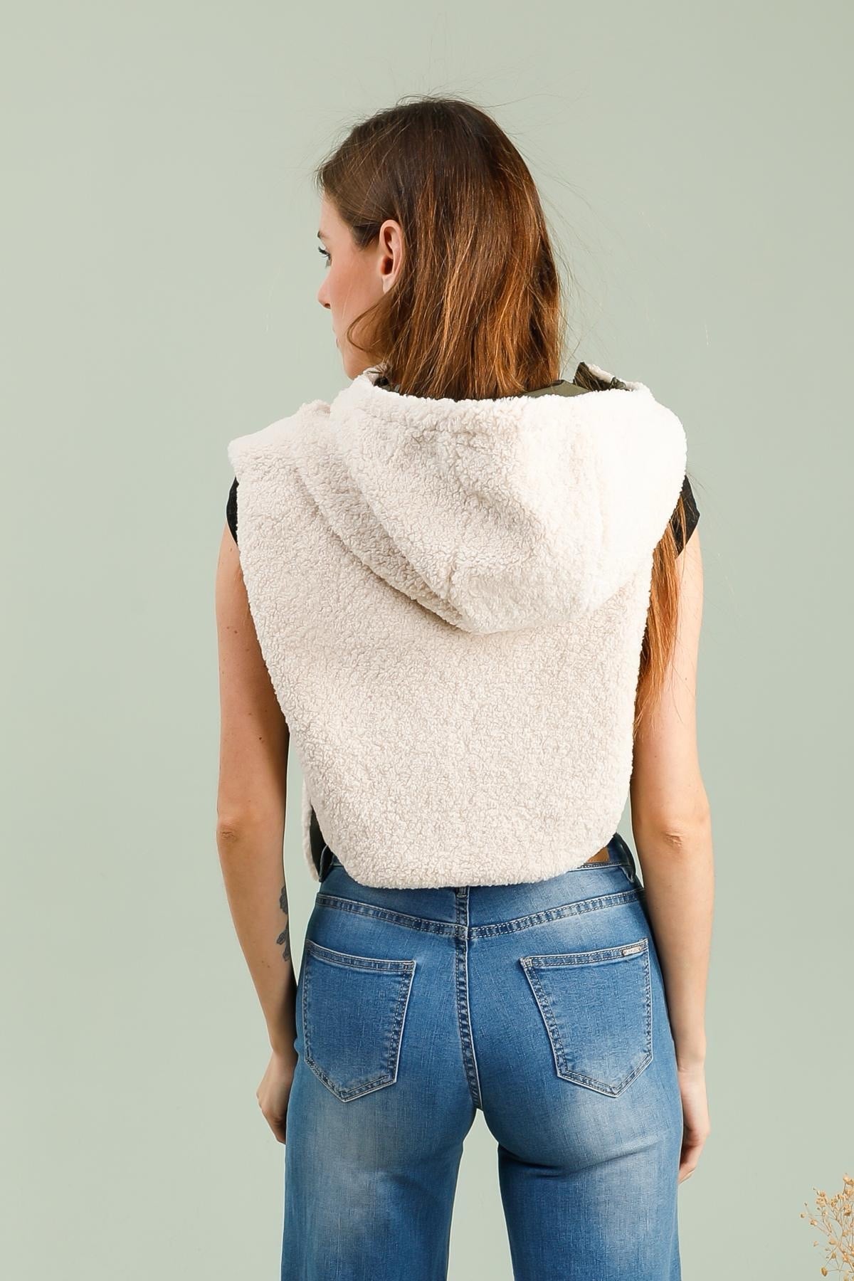 Col capuche amovible réversible TONY - LAURA JO - Kaki / Sherpa écru