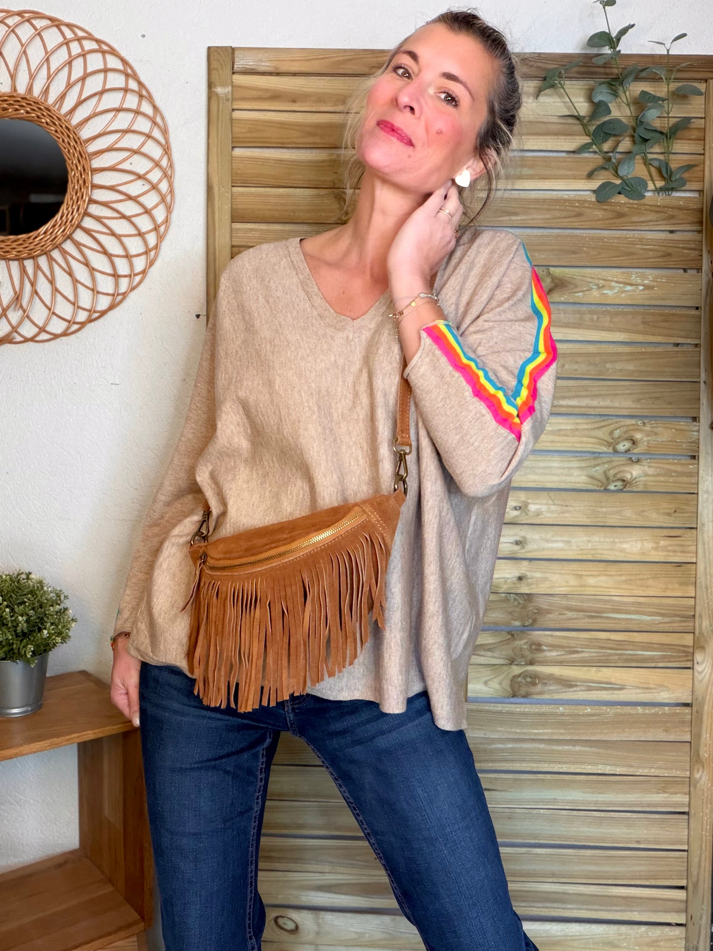Sac banane avec franges en cuir daim - PIETRA - Camel