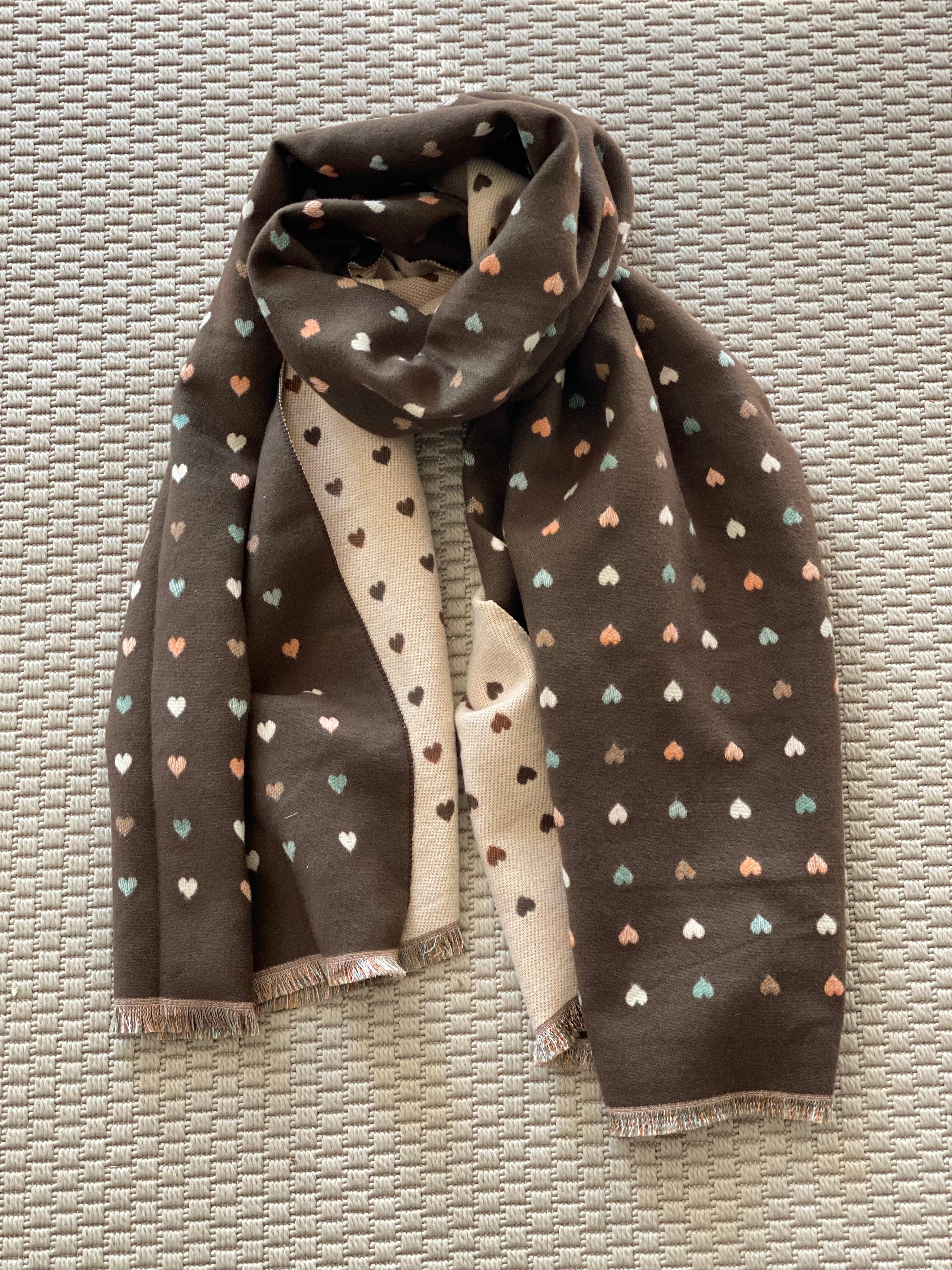 Écharpe douce réversible Coeurs SIMONE - Choco / Beige 💙🩷💛