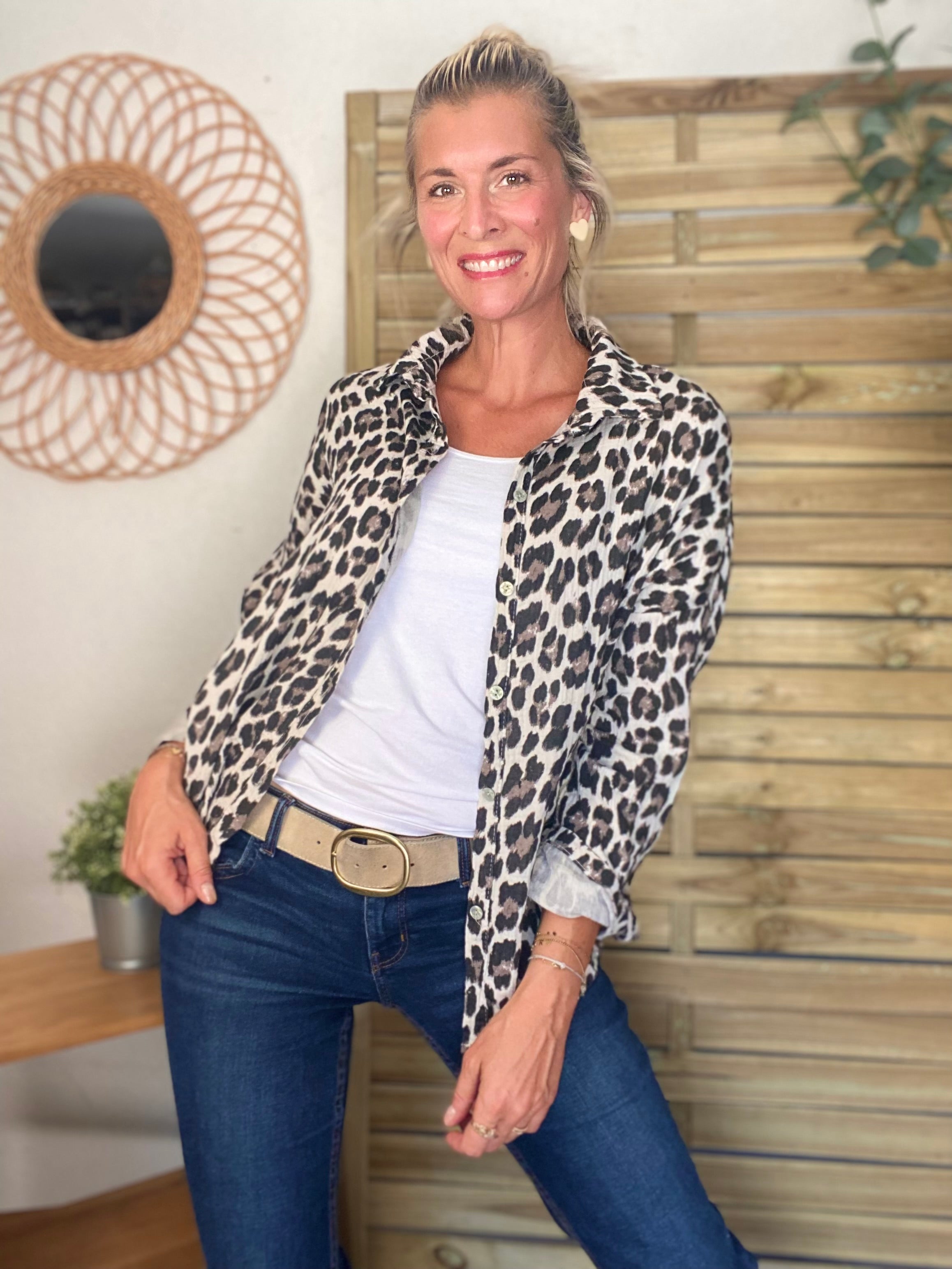 Chemise en gaze de coton imprimé Léo MARCIA - Beige / Taupe