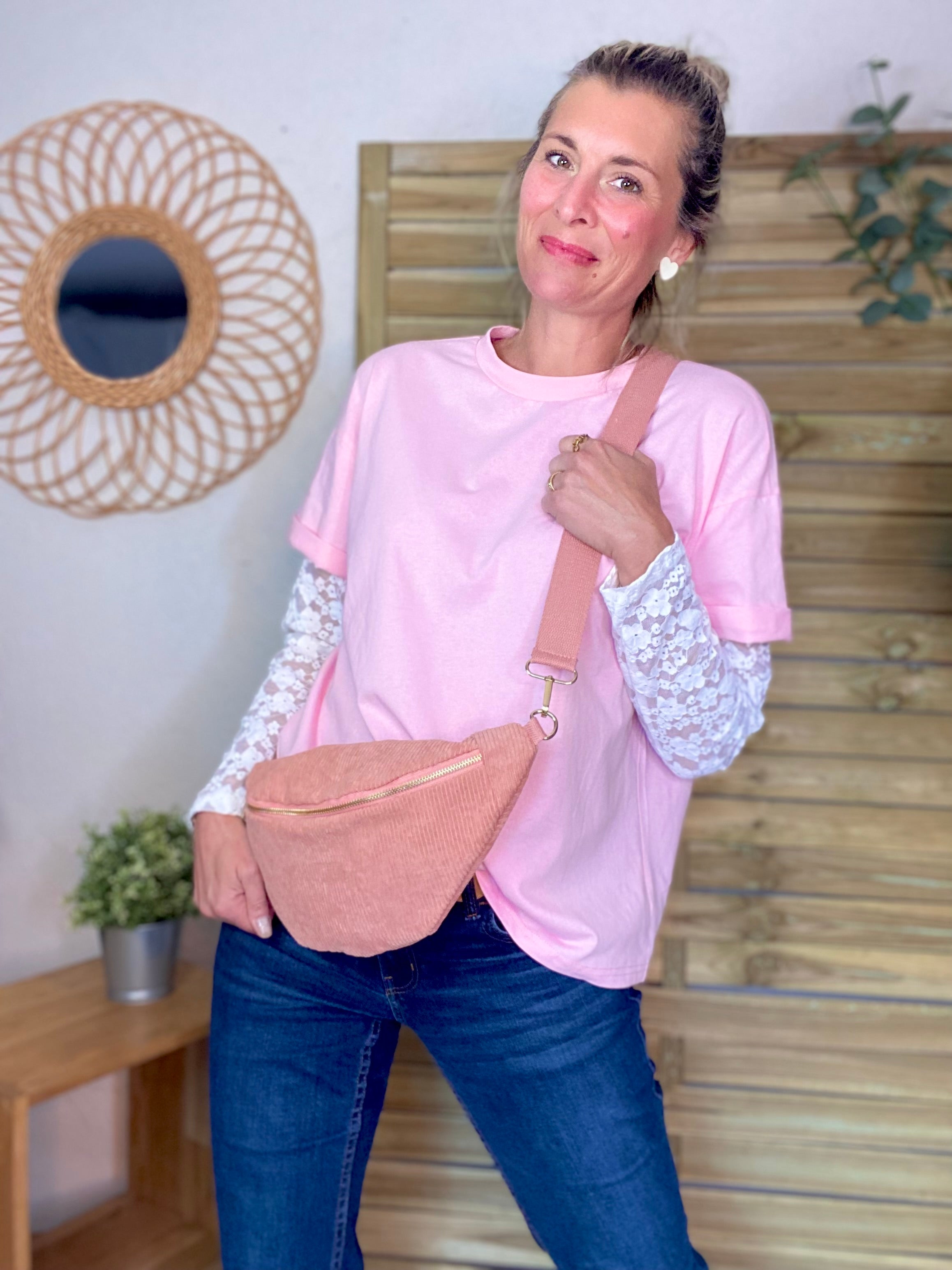Tee shirt avec manches longues dentelle PAMELA - Rose