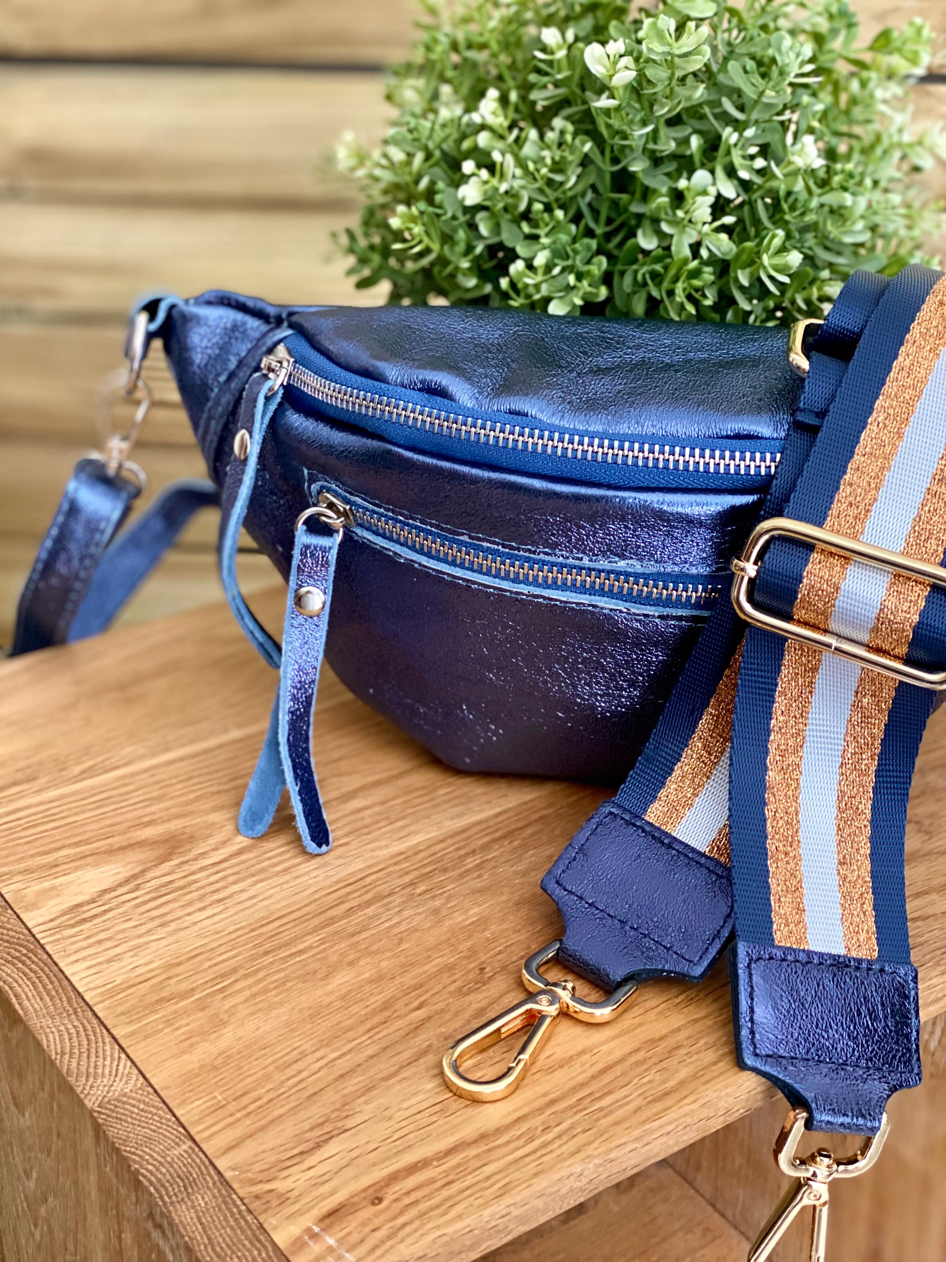 Sac banane en cuir irisé double poche - OPALE  - Bleu jean