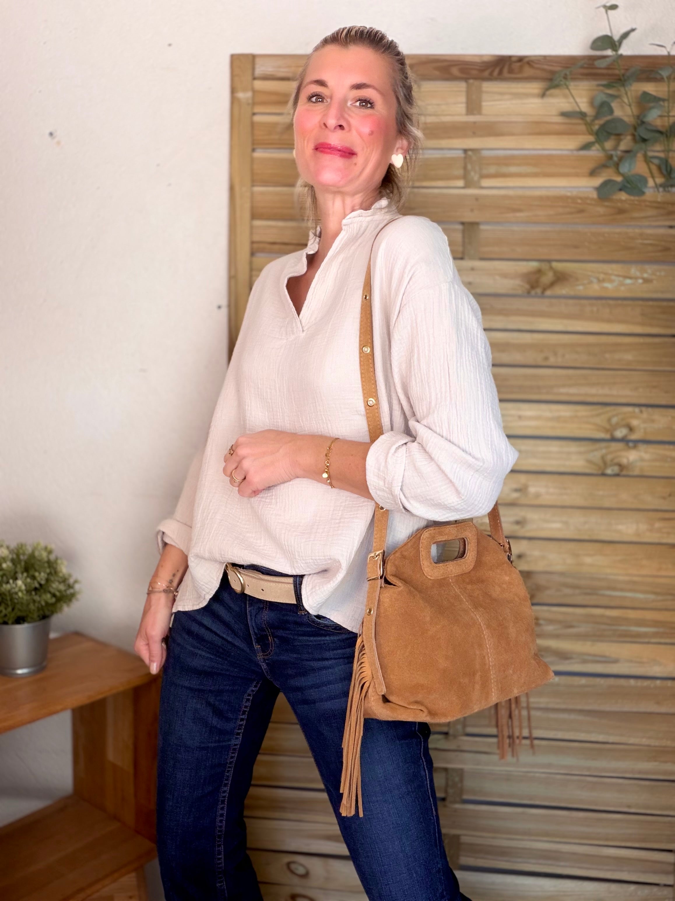 Sac en cuir daim avec franges LOGAN - Camel