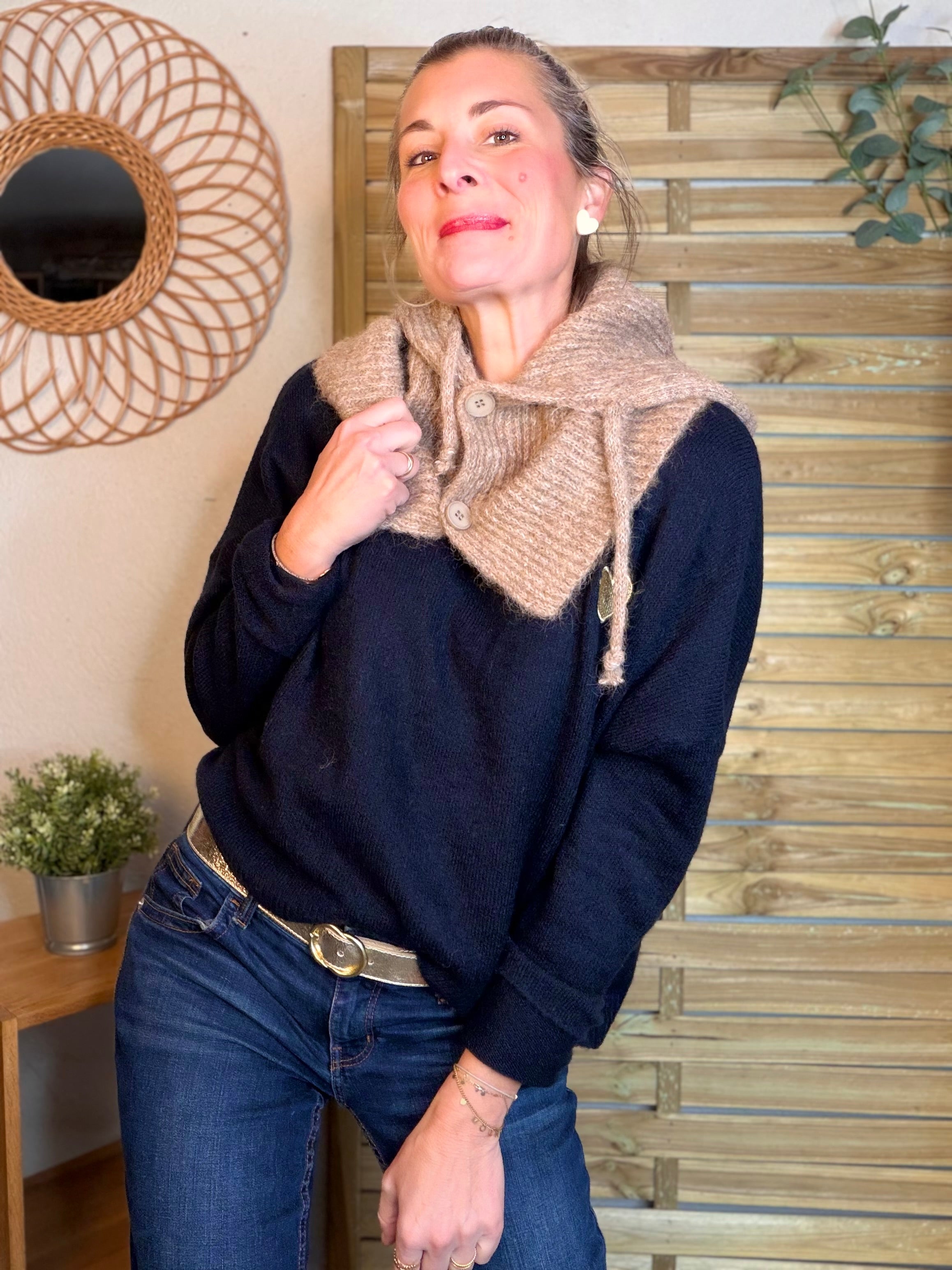 Col cagoule LORIE en maille avec bouton - Taupe