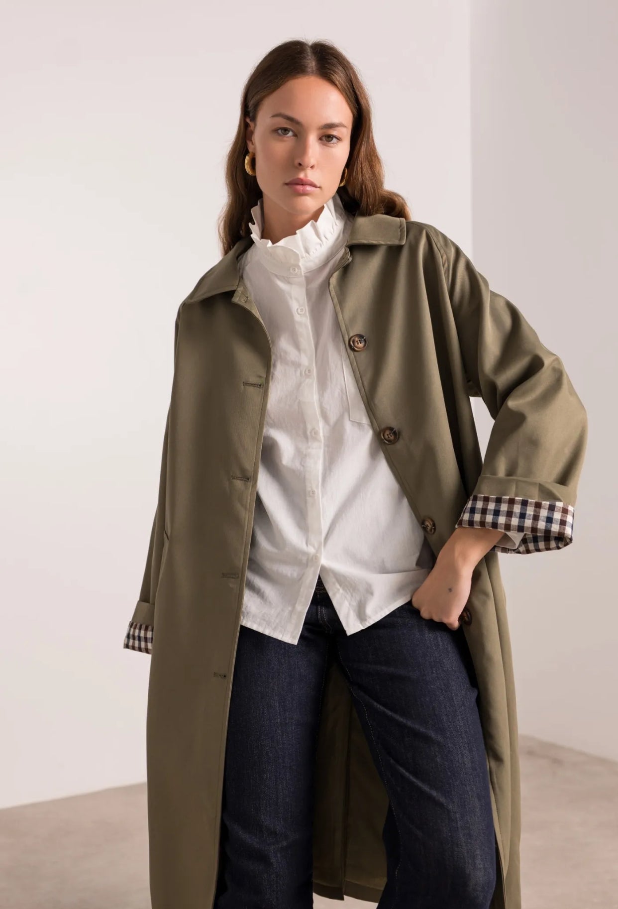 Veste Trench en coton avec vichy - YSEULT long Kaki