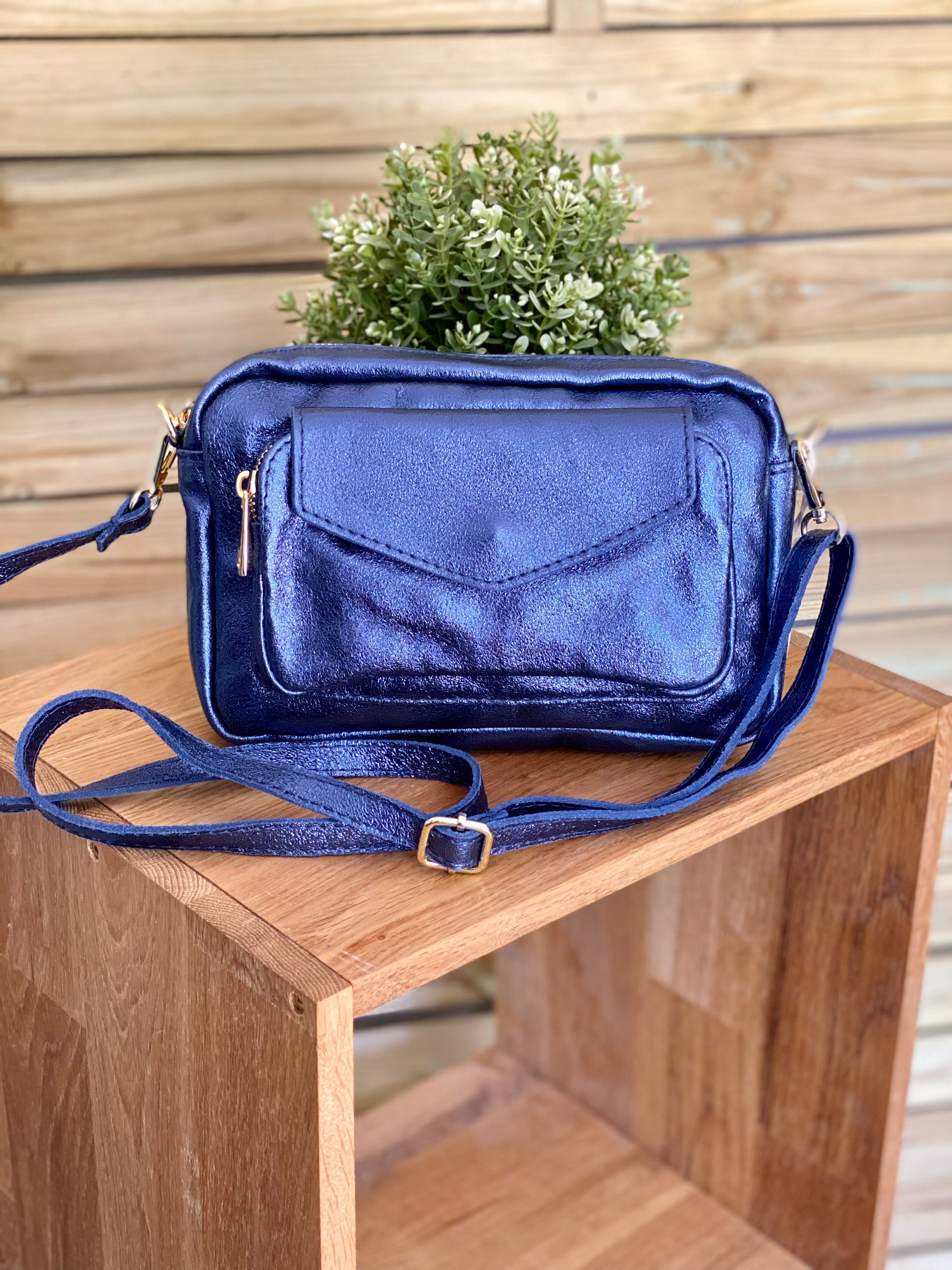 Sac bandoulière en cuir irisé - CHERRY - bleu jean