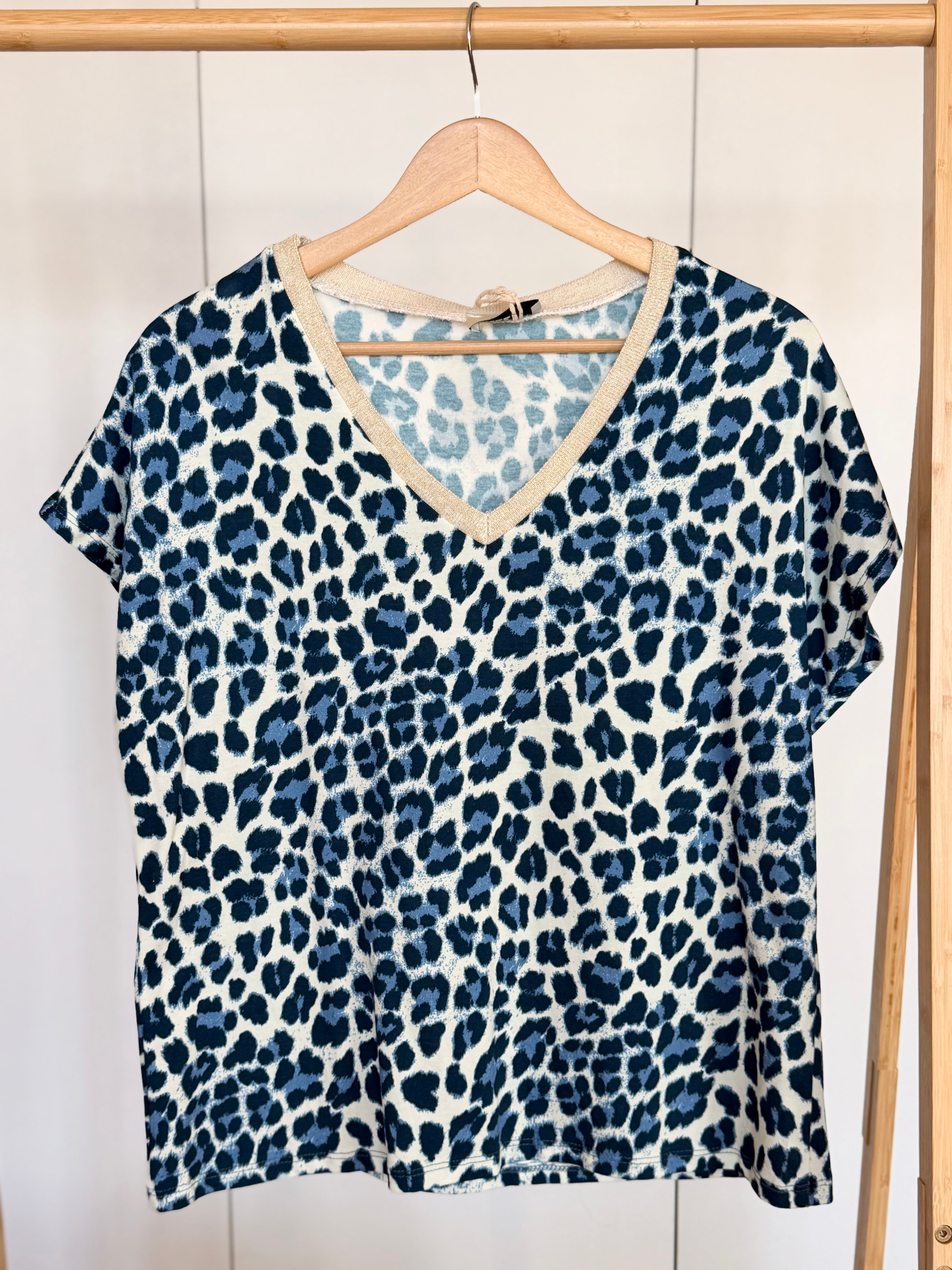 Top imprimé Léo col V lurex MIRTA - Bleu
