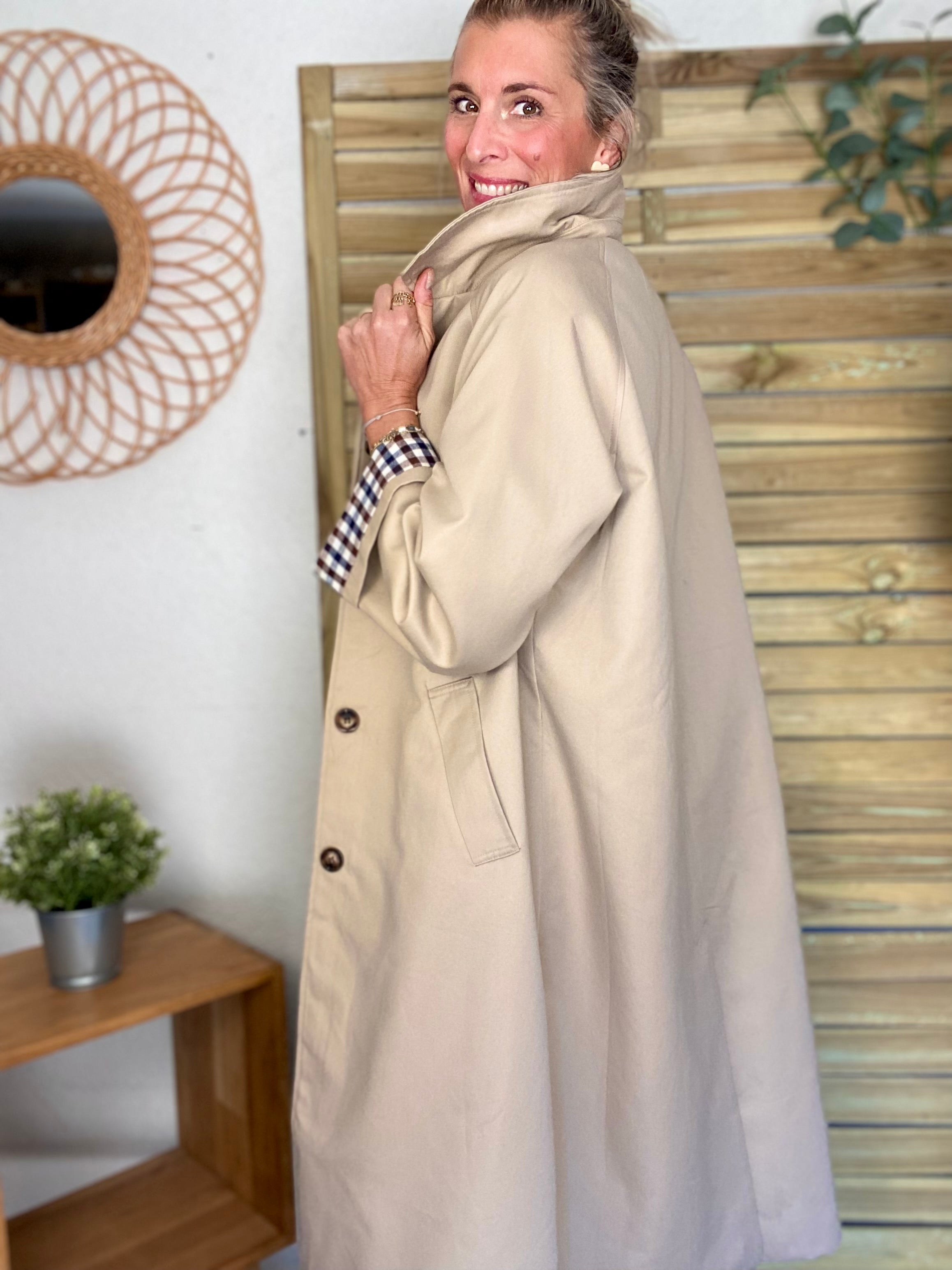 Veste Trench en coton avec vichy - YSEULT long Beige