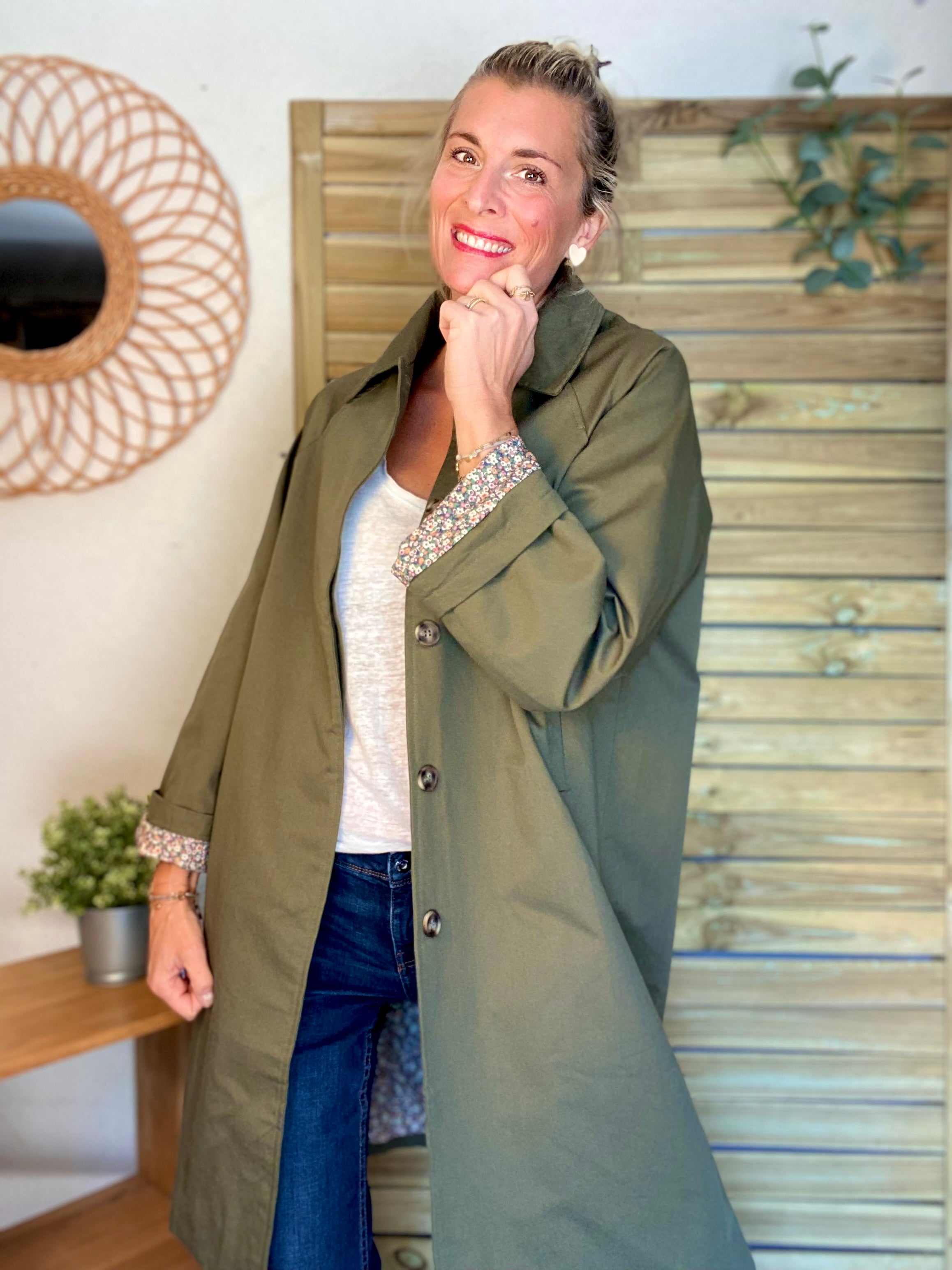 Veste Trench en coton kaki avec Liberty - MAHAUT LONG