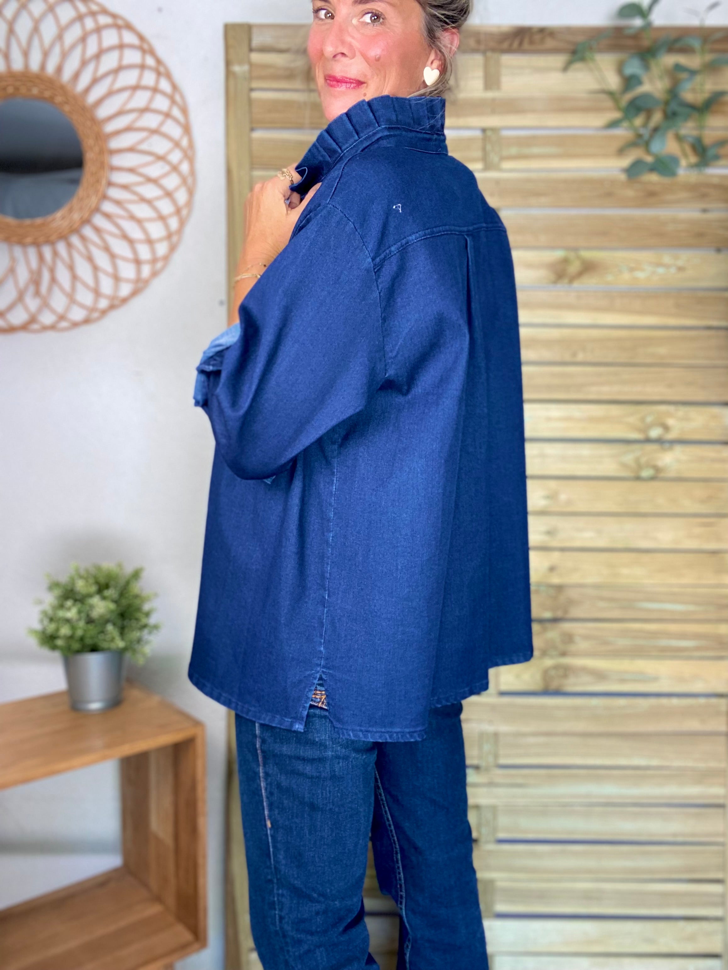 Veste / Chemise en coton, col volanté Bleu Jean LISON
