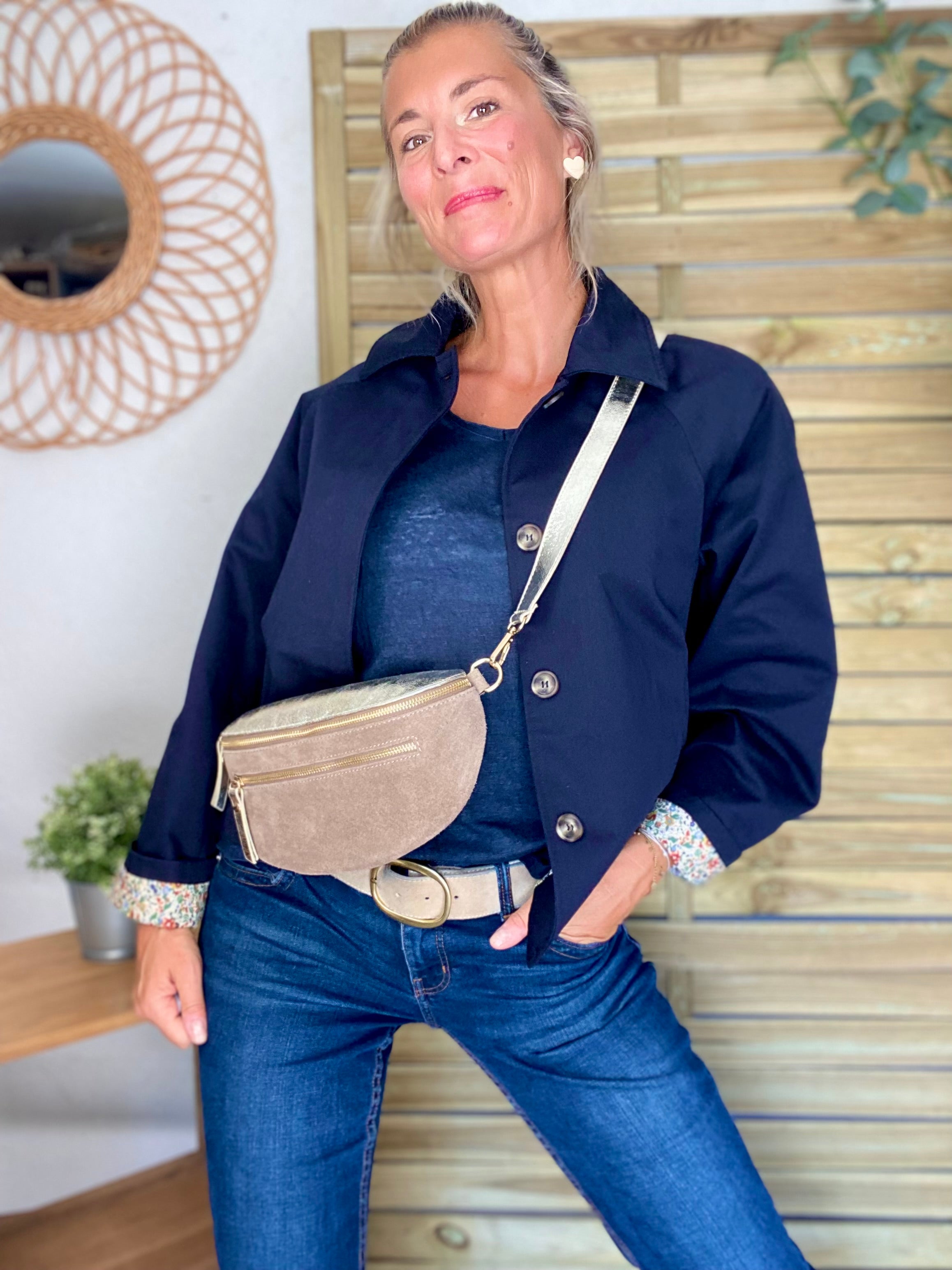 Veste Trench en coton bleu marine avec Liberty - MAHAUT