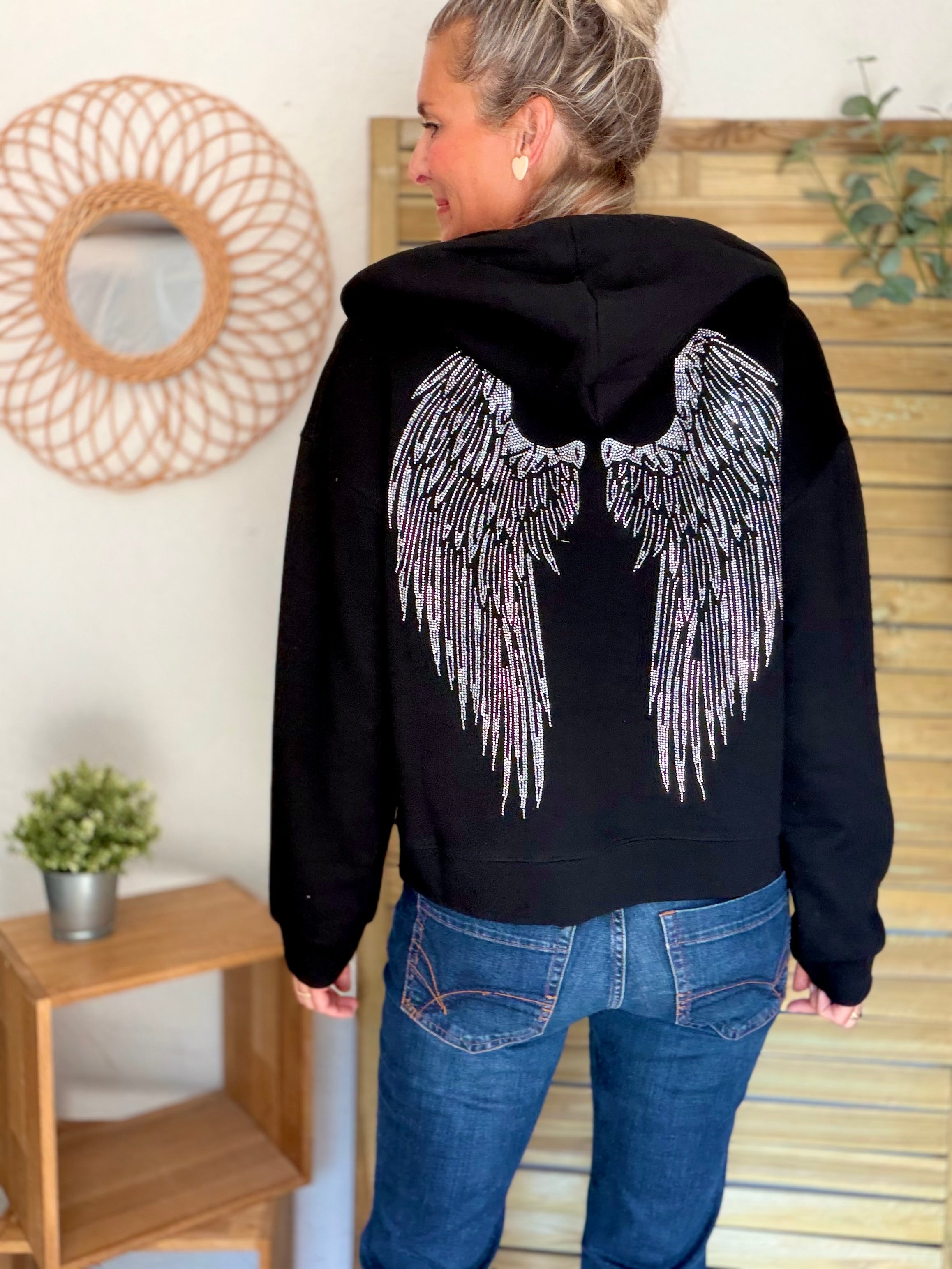 Hoodie sweat gilet strass (ailes) CLOTHILDE - Noir