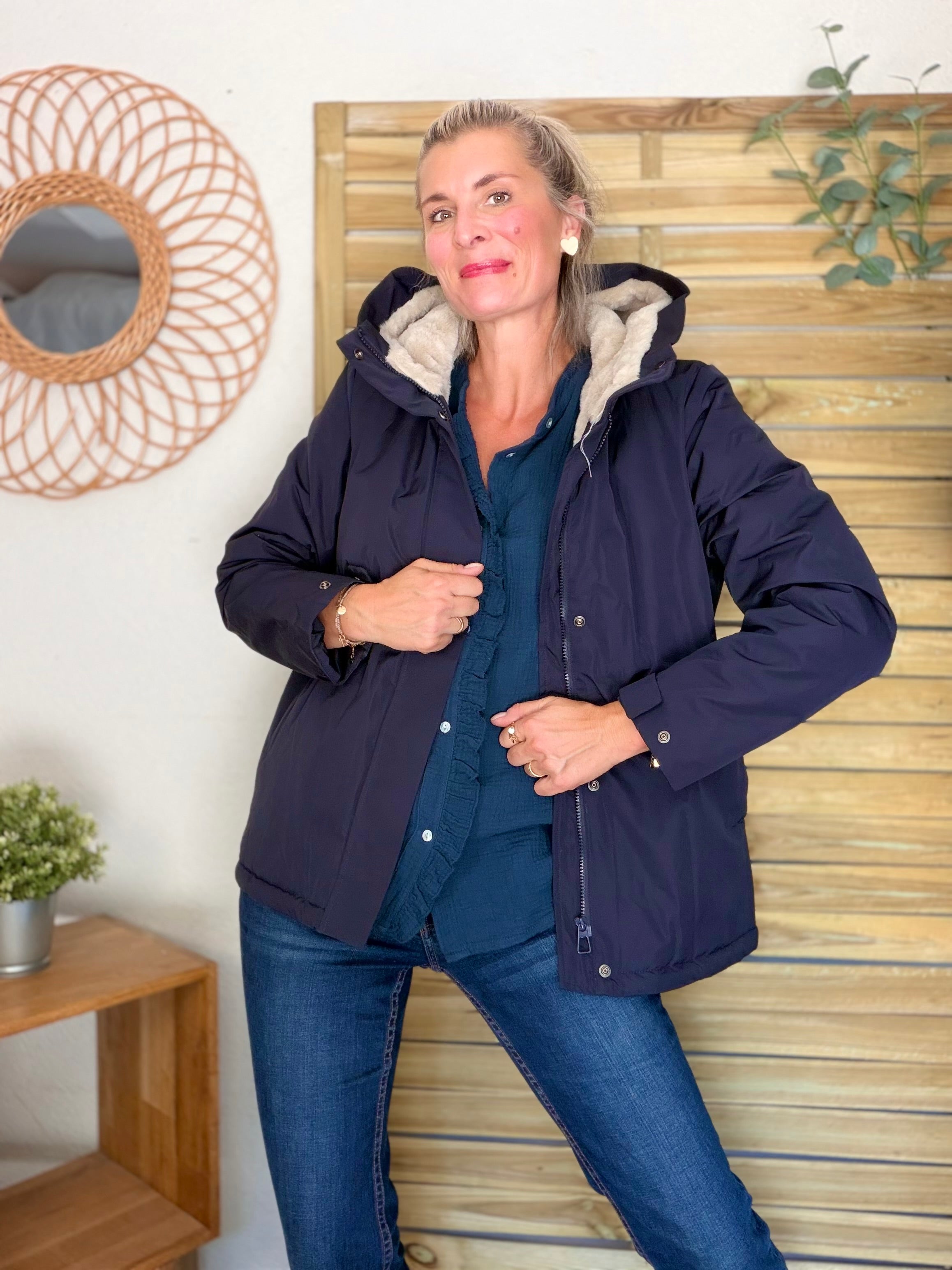 LAURA JO - Parka fourrée imperméable AMBRE MI-LONG - Bleu marine / Beige