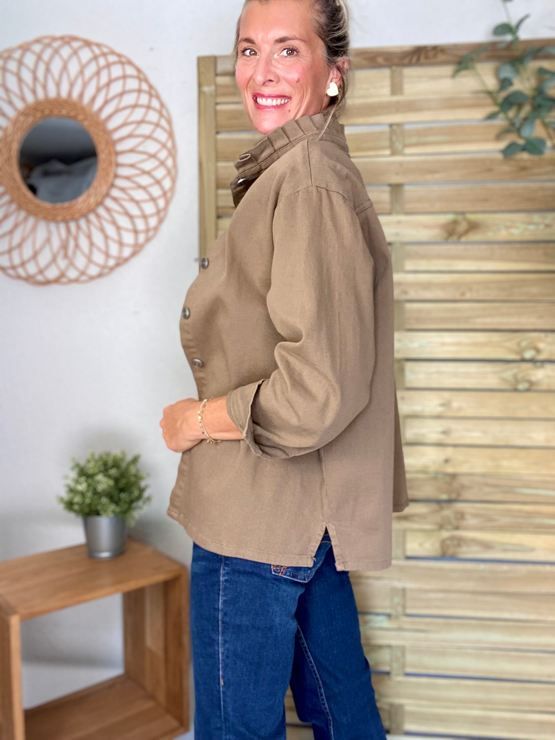 Veste / Chemise en coton, col volanté Camel foncé LISON