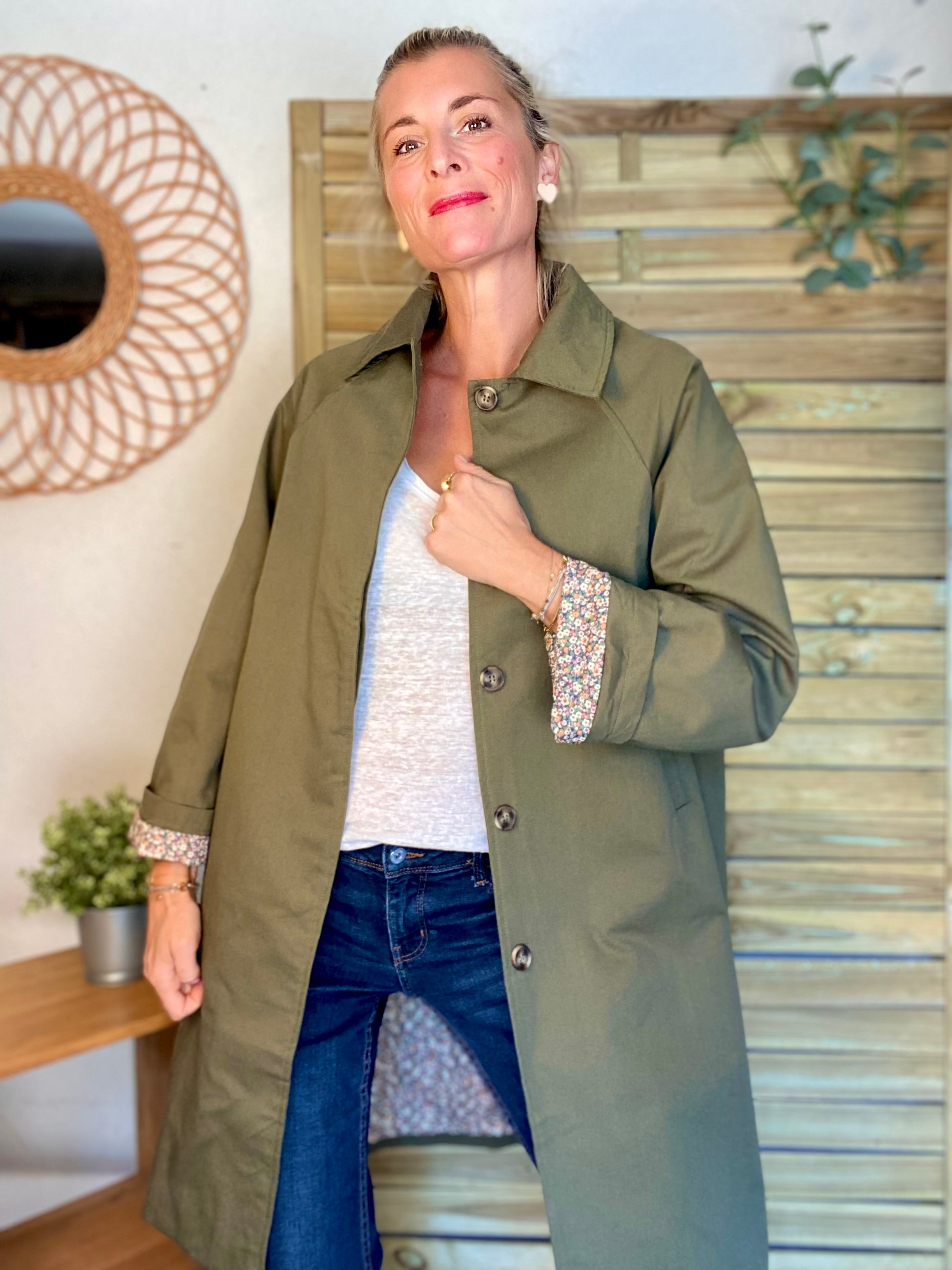 Veste Trench en coton kaki avec Liberty - MAHAUT LONG