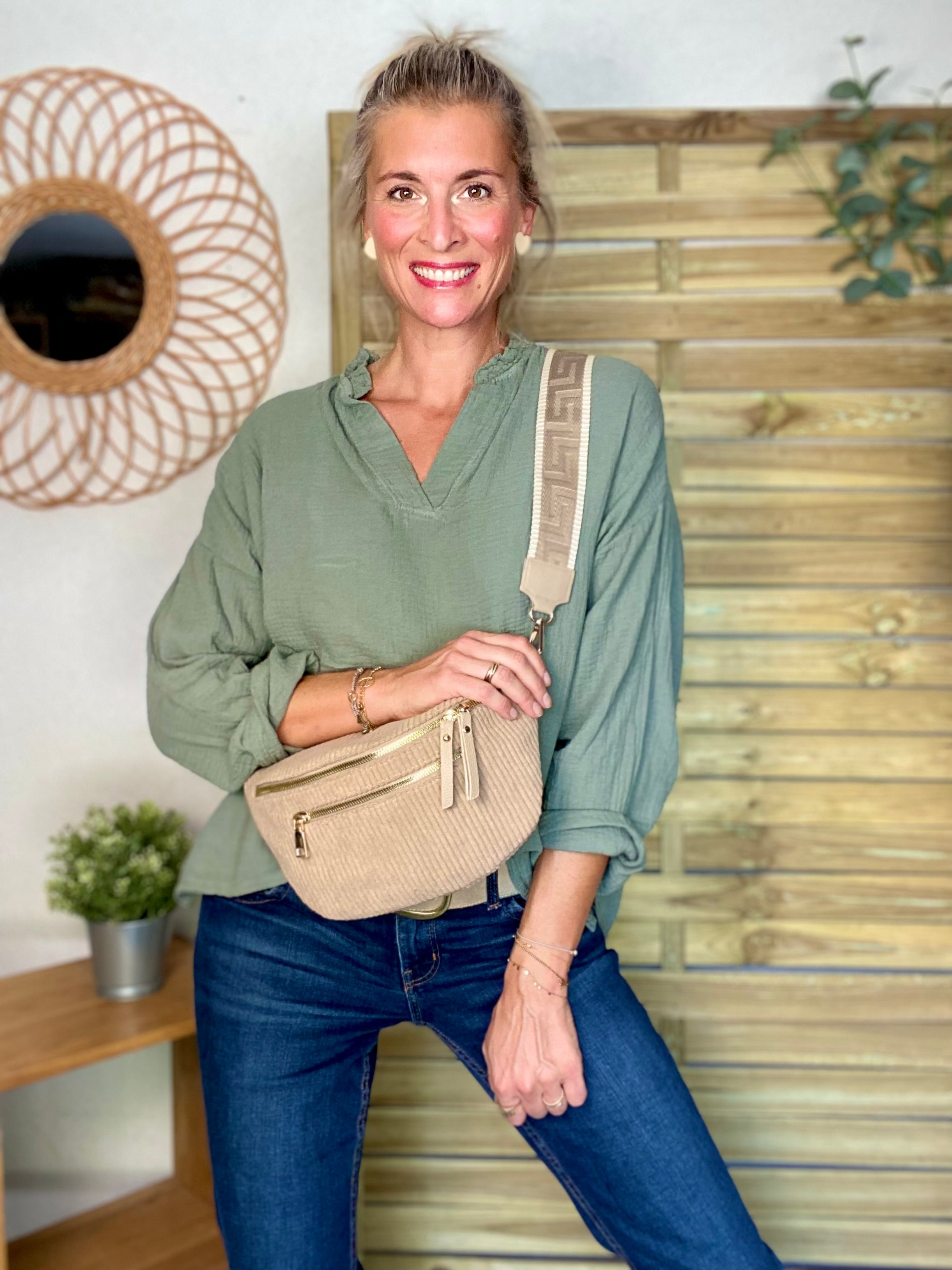 Sac banane L en velours côtelé 2 zips et sangle fantaisie - ASHLY - Beige taupe (côtelé large)