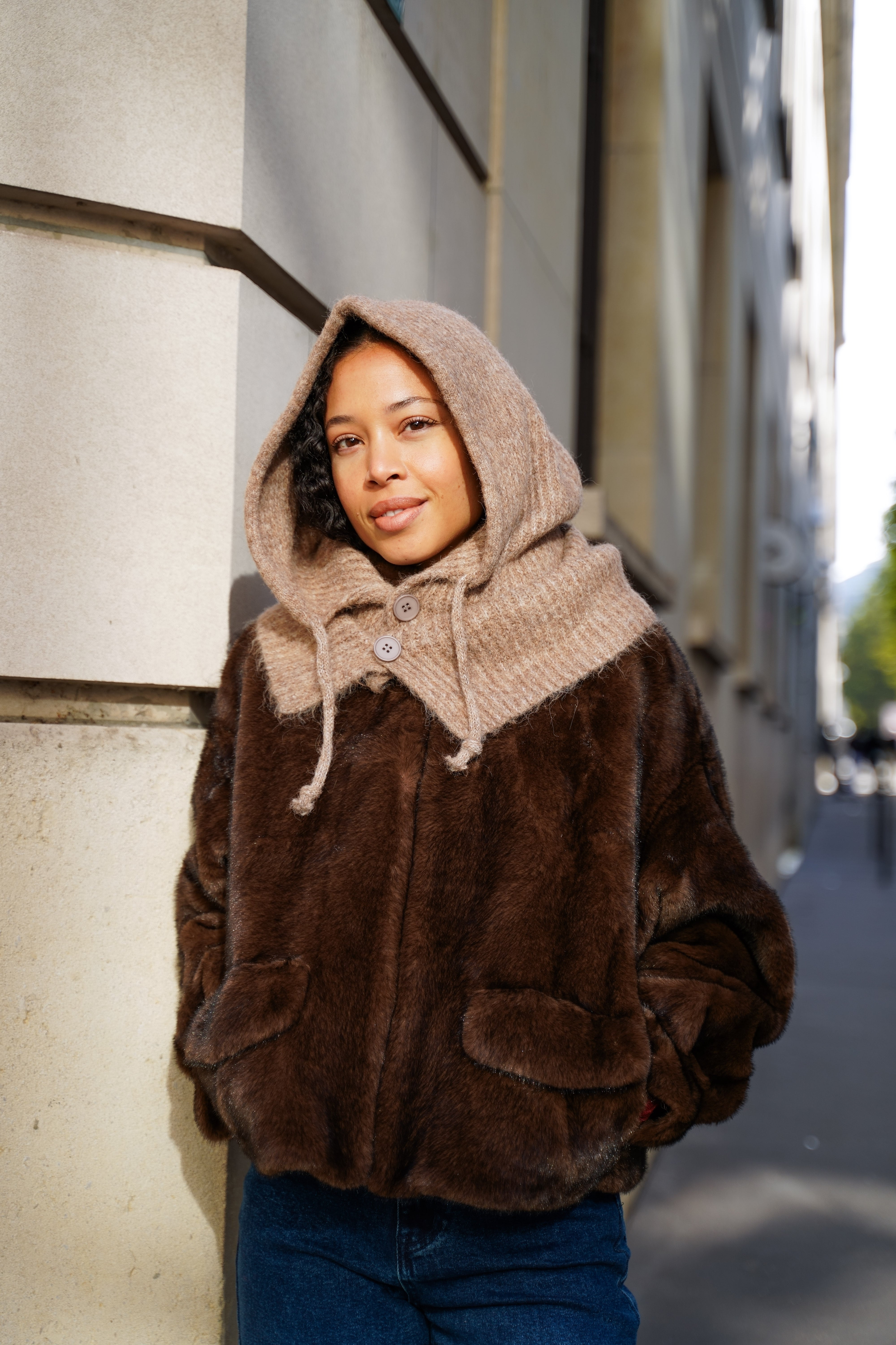 Col cagoule LORIE en maille avec bouton - Camel