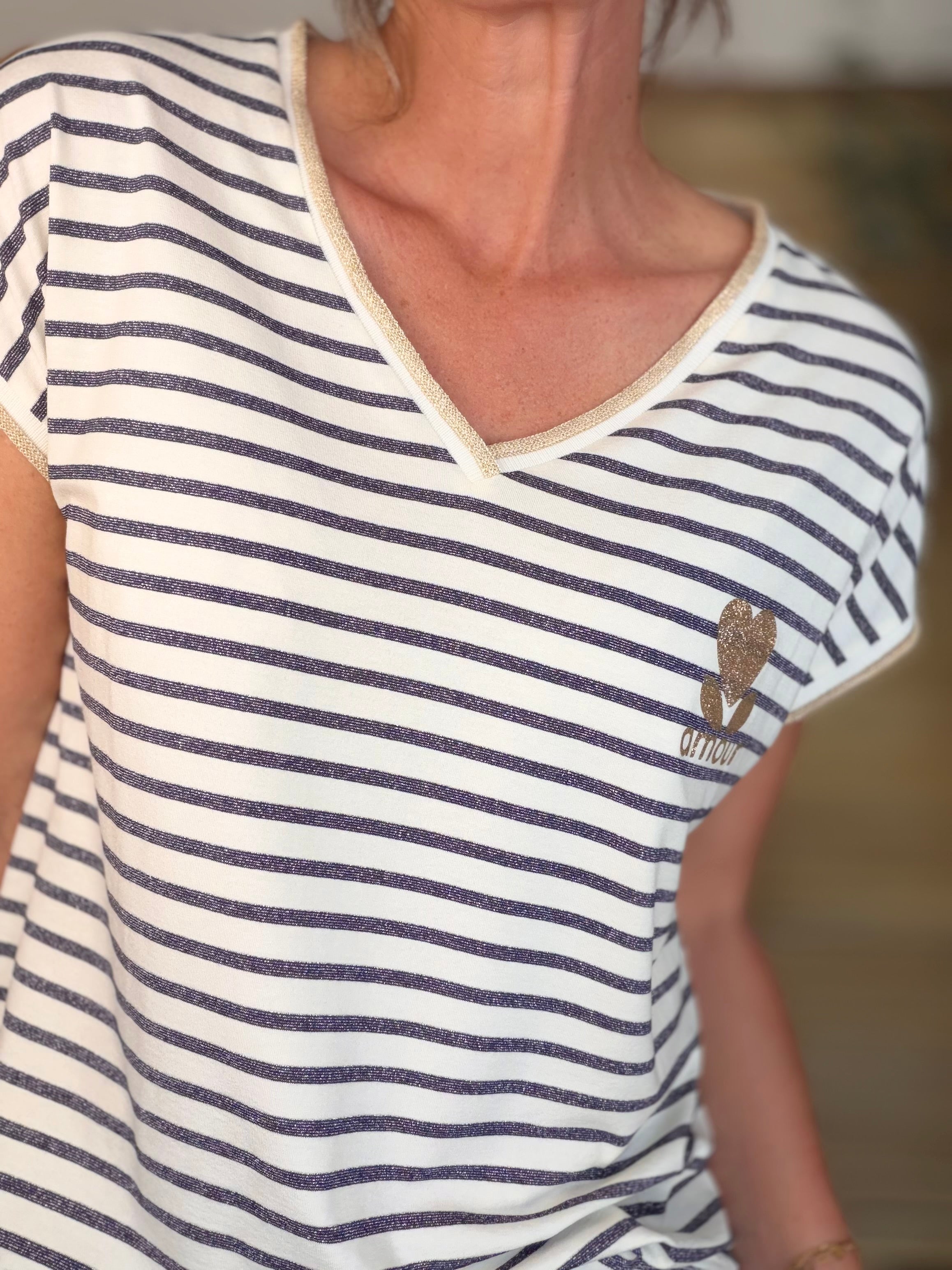 Top rayé col V amour 💛 NAOMIE - Bleu marine / Doré