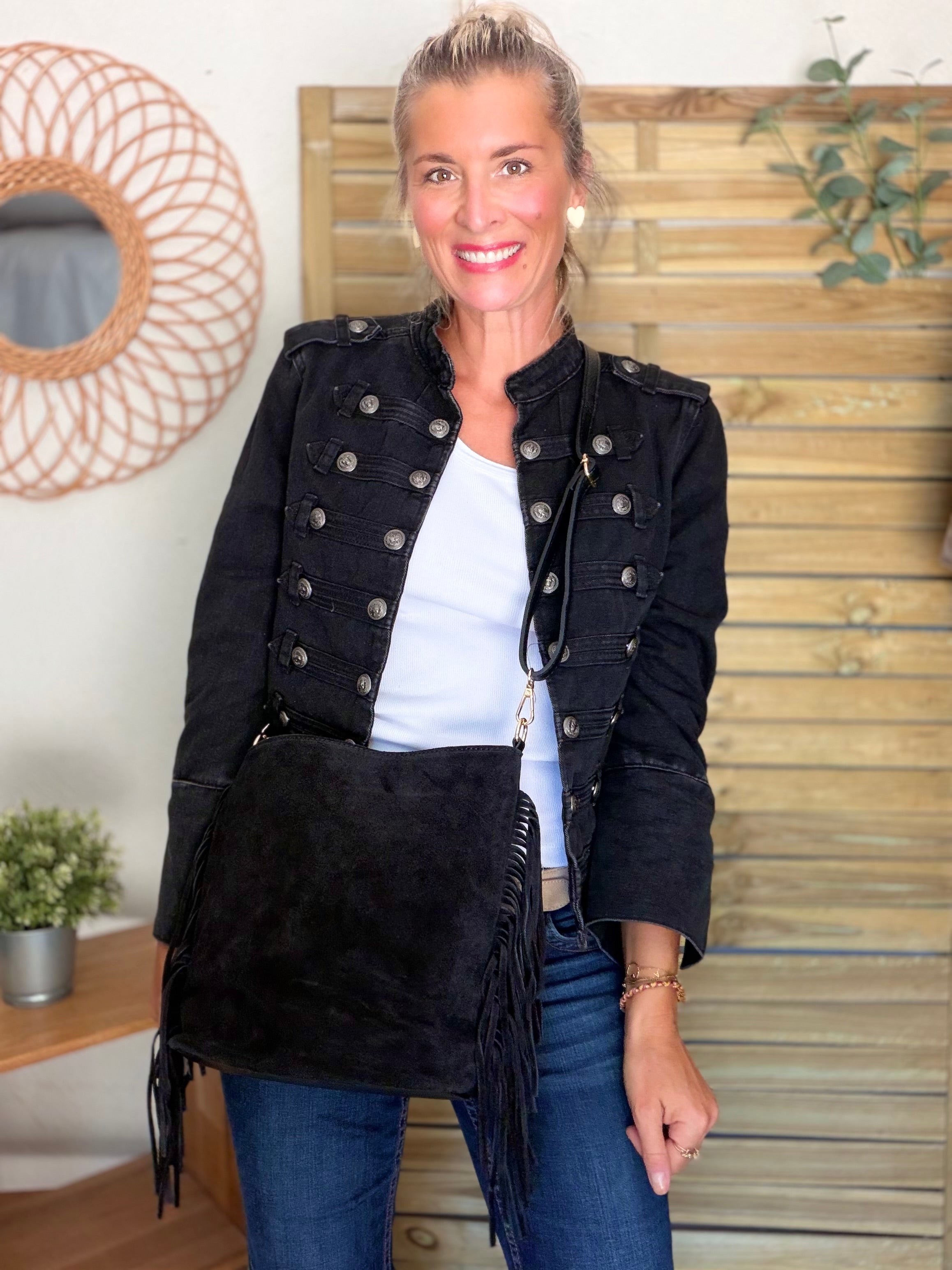 Sac seau en cuir daim avec franges KYLIE - Noir