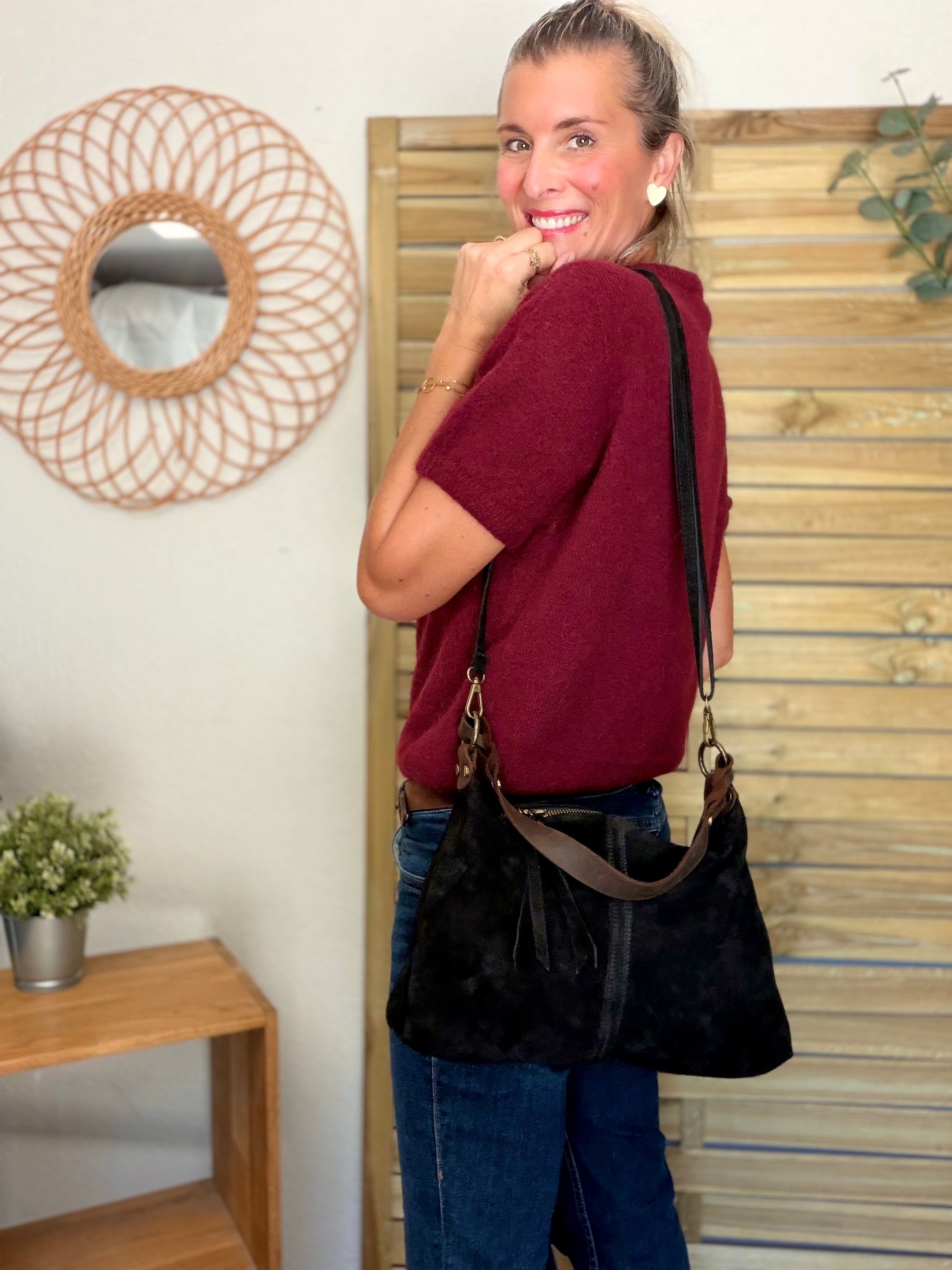 Sac hobo en cuir daim souple, double bandoulière ANDREW Noir