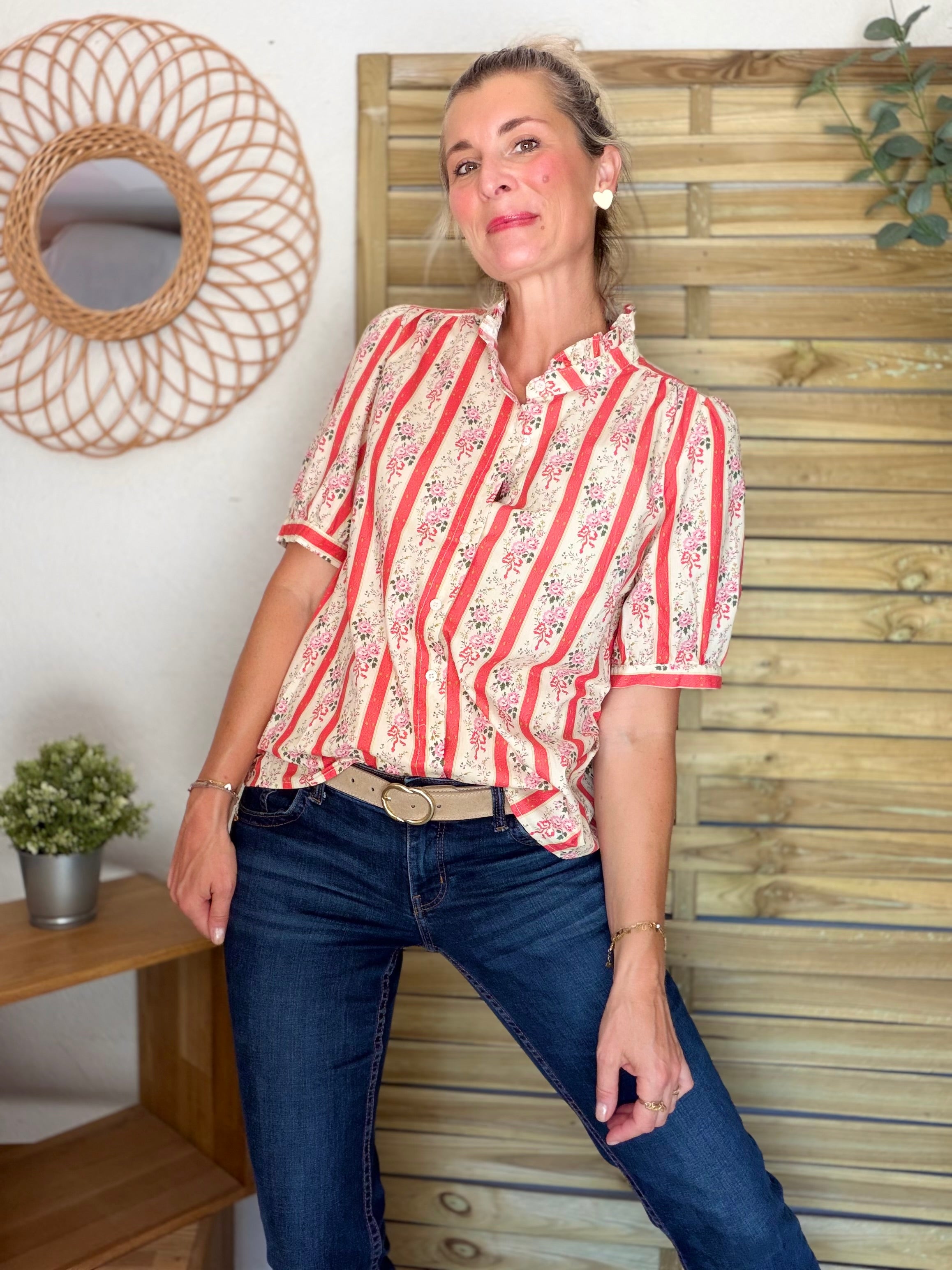 Blouse fleurie rayures VALENTINE Corail