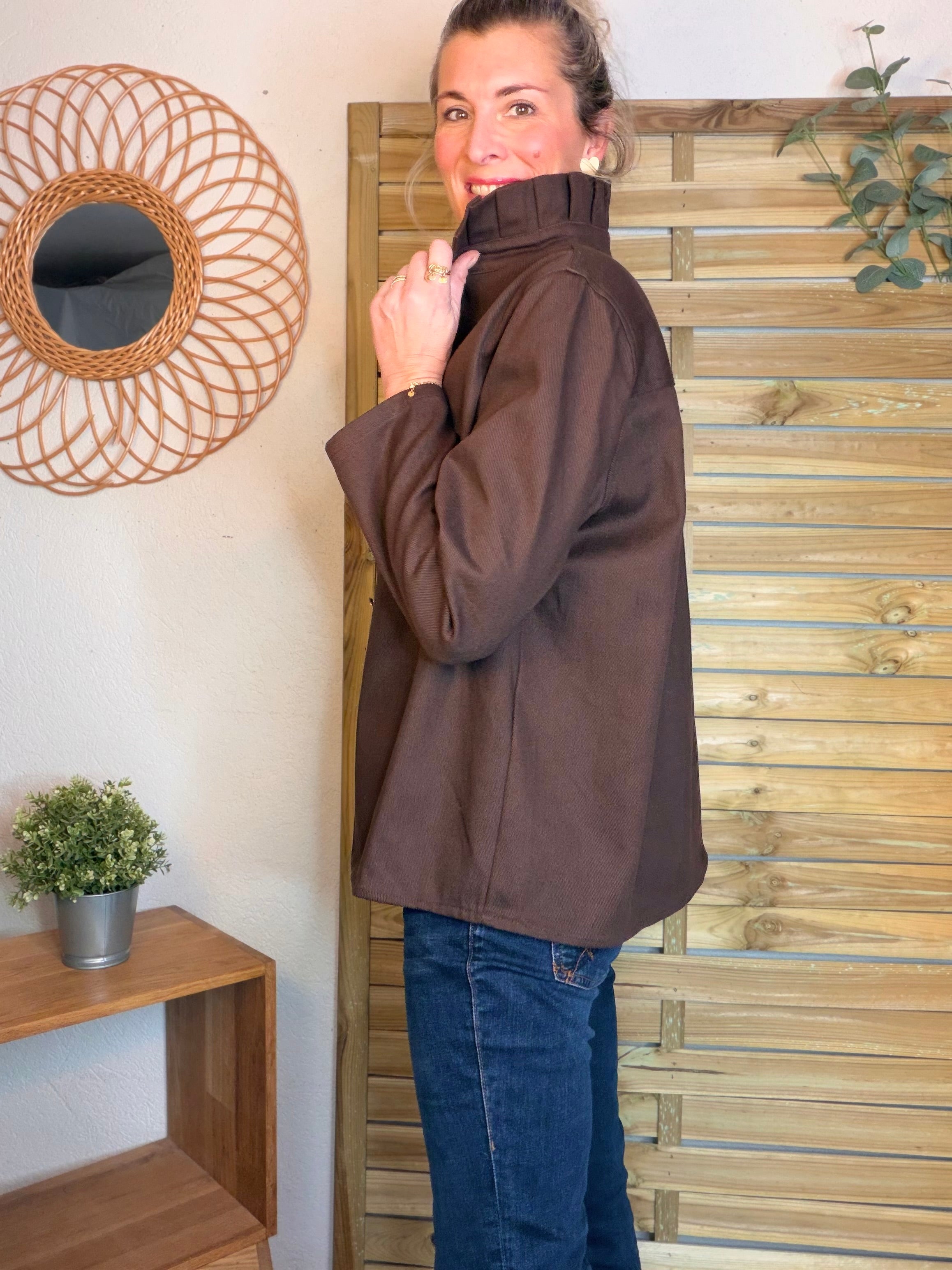 ⚡️ ARRIVAGE - Veste / Chemise en coton, col victorien volanté Beige taupe HILLARY - Choco