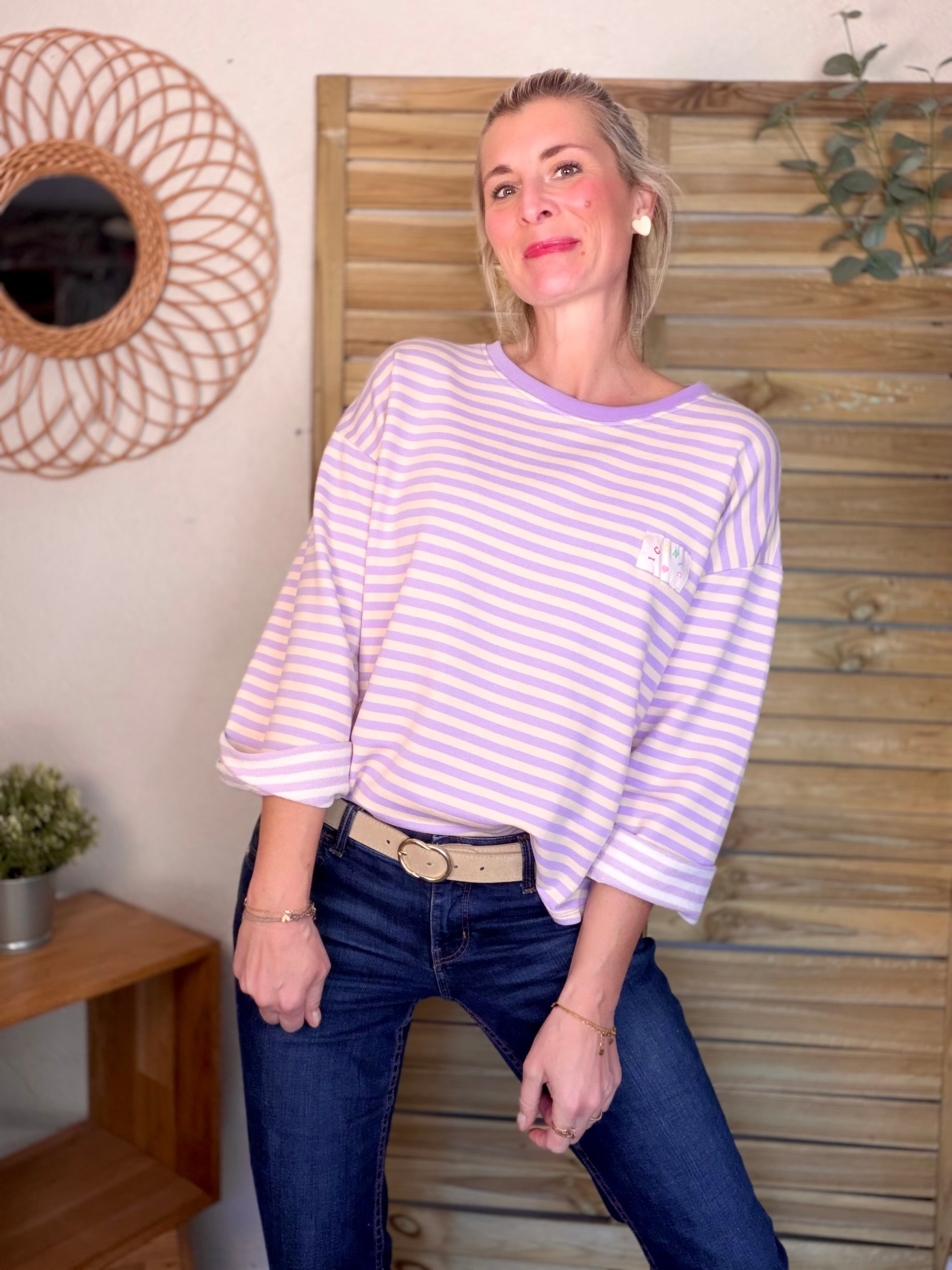 Sweat fin rayé ample Iconic CORALIE - Lilas