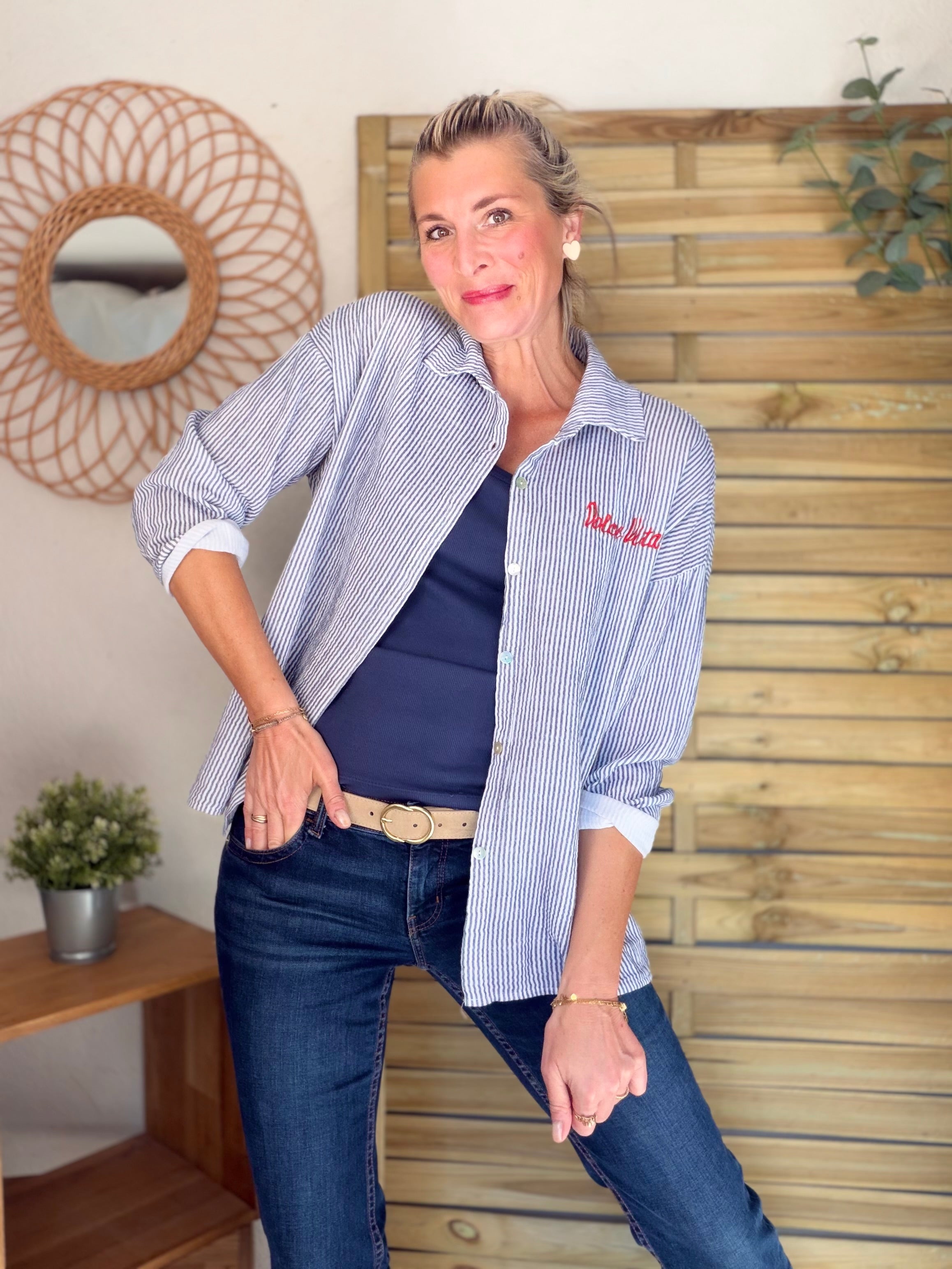 Chemise en gaze de coton brodé Dolce Vita LEÏLA Bleu