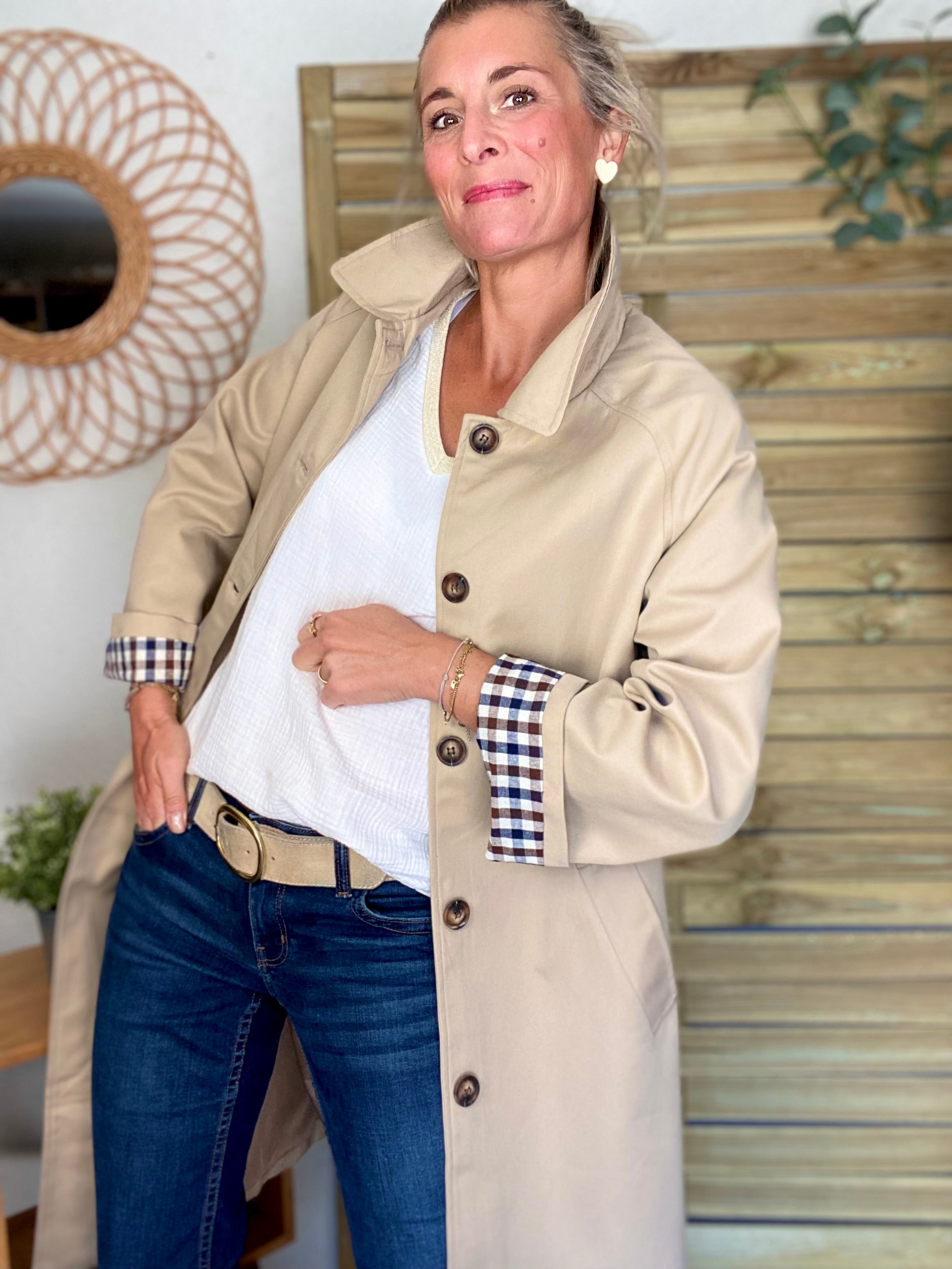 Veste Trench en coton avec vichy - YSEULT long Beige
