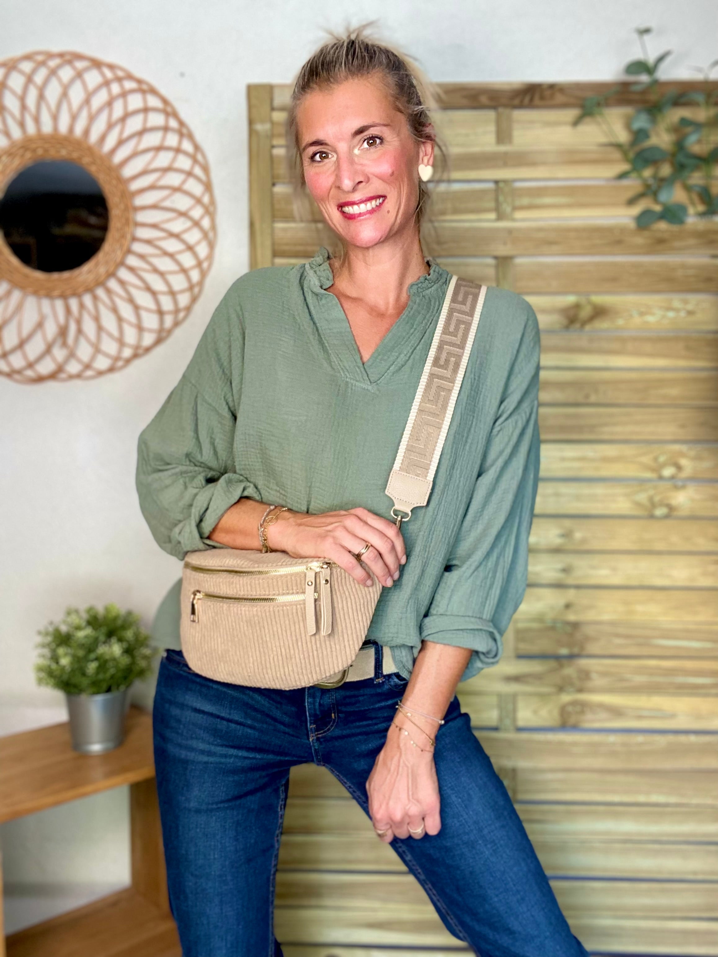 Sac banane L en velours côtelé 2 zips et sangle fantaisie - ASHLY - Beige taupe (côtelé large)