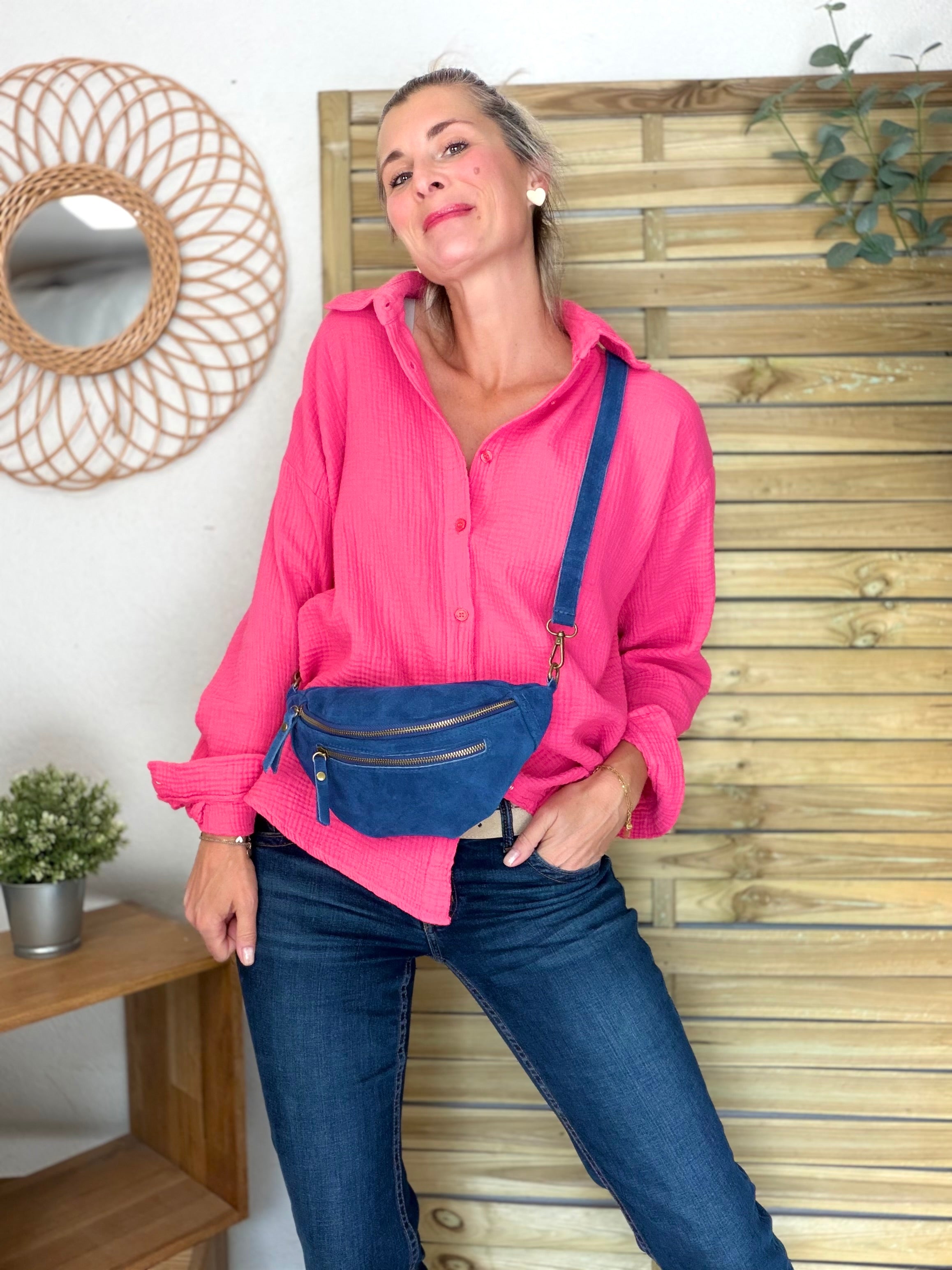 Sac banane double poche en cuir daim - OPALINE - Bleu jean