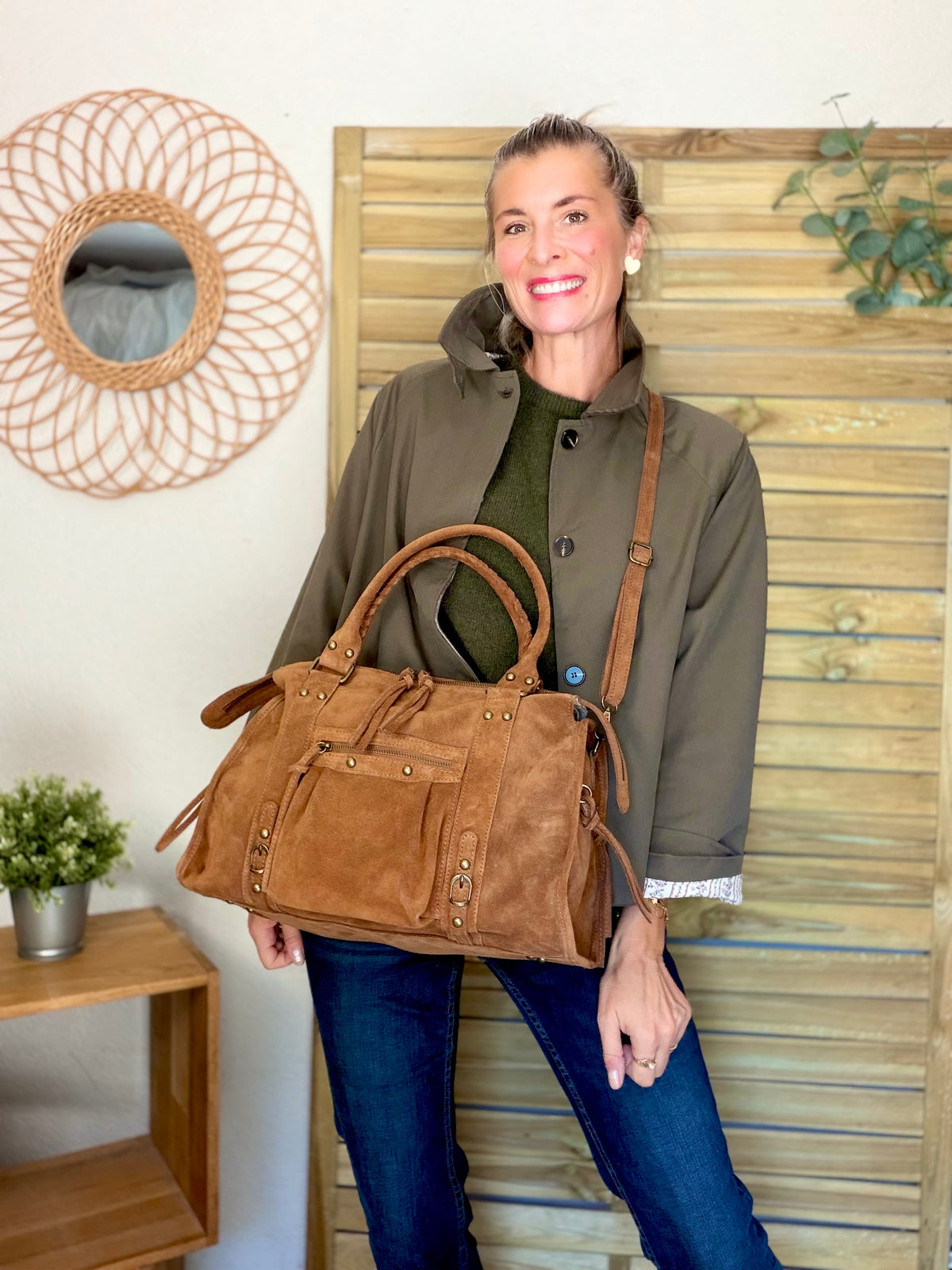 Sac cabas XL en cuir daim • HUNTER Camel