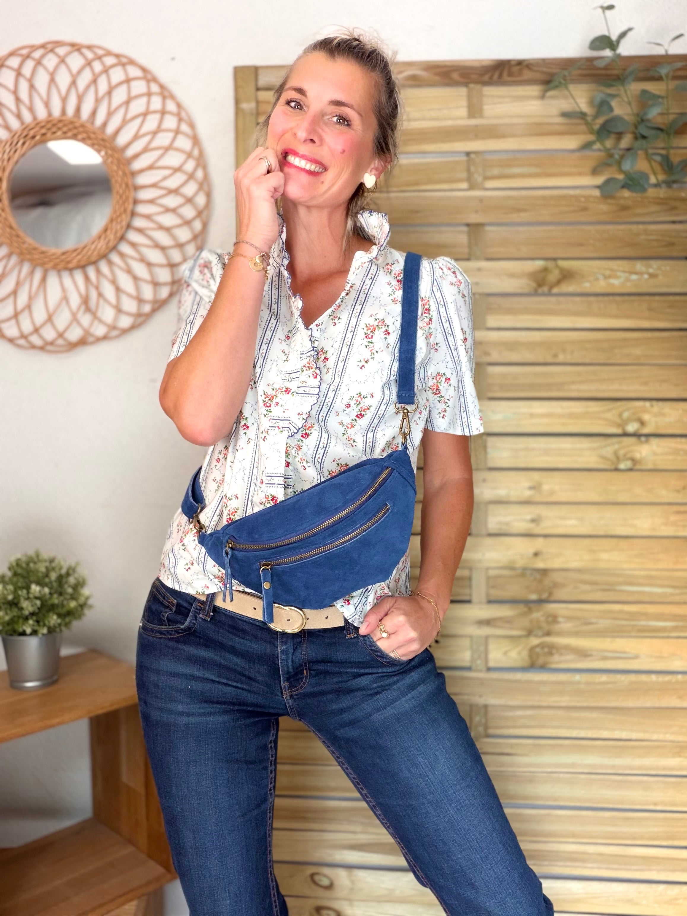 Sac banane double poche en cuir daim - OPALINE - Bleu jean