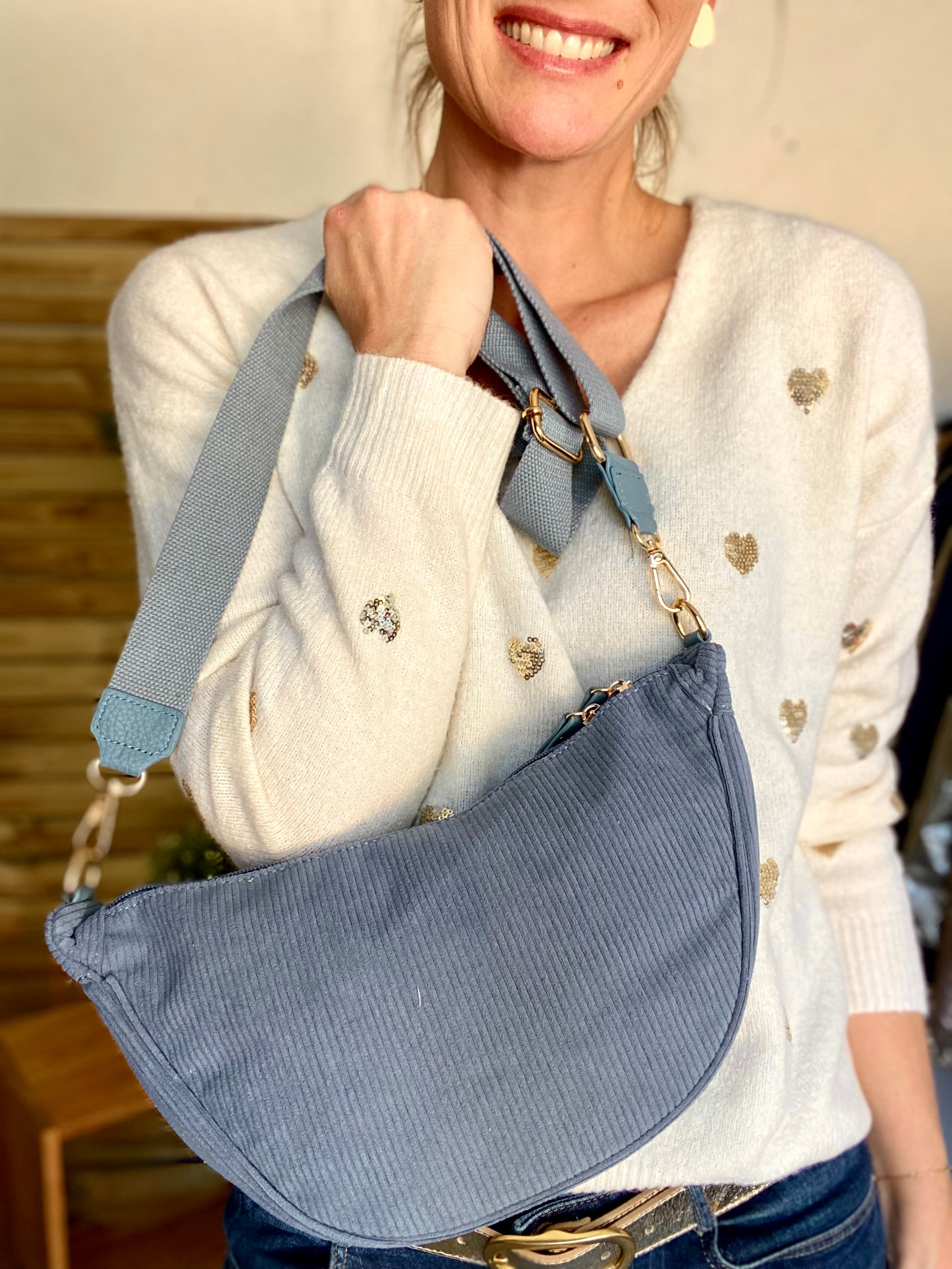 Sac besace demi-lune XL velours côtelé - AMY - Bleu jean