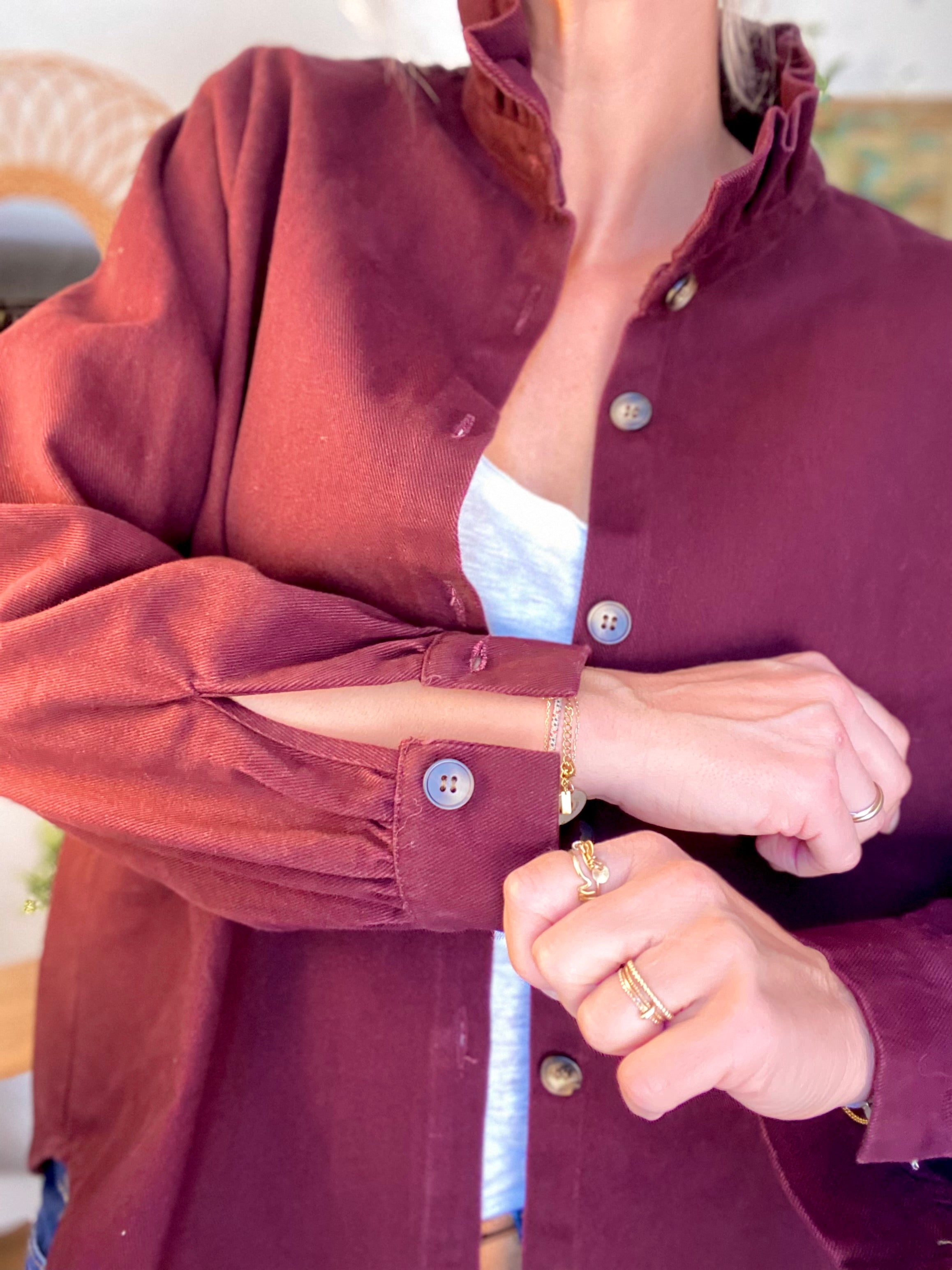 Veste / Chemise en coton, col victorien volanté LISA - Prune