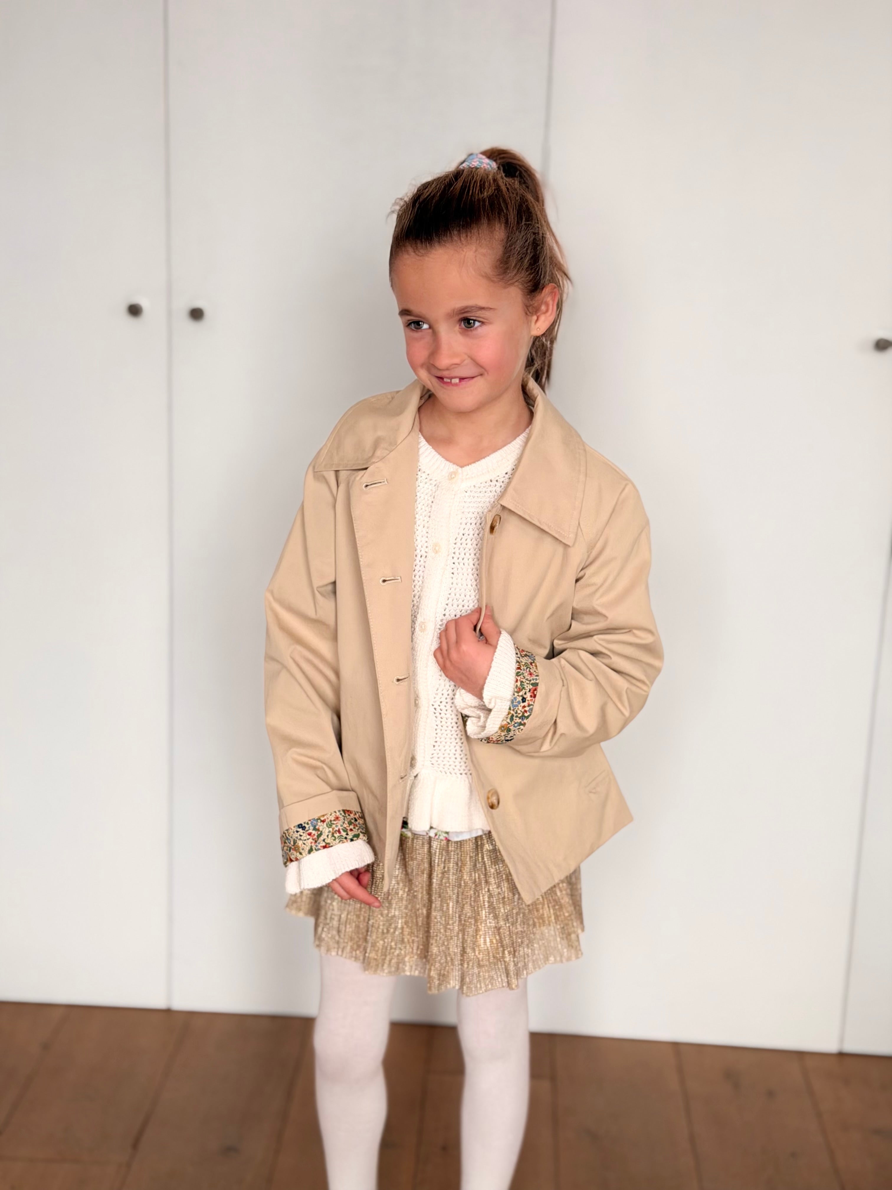 Veste Trench en coton beige avec Liberty - MARION (Taille 2 ans à la Taille L)