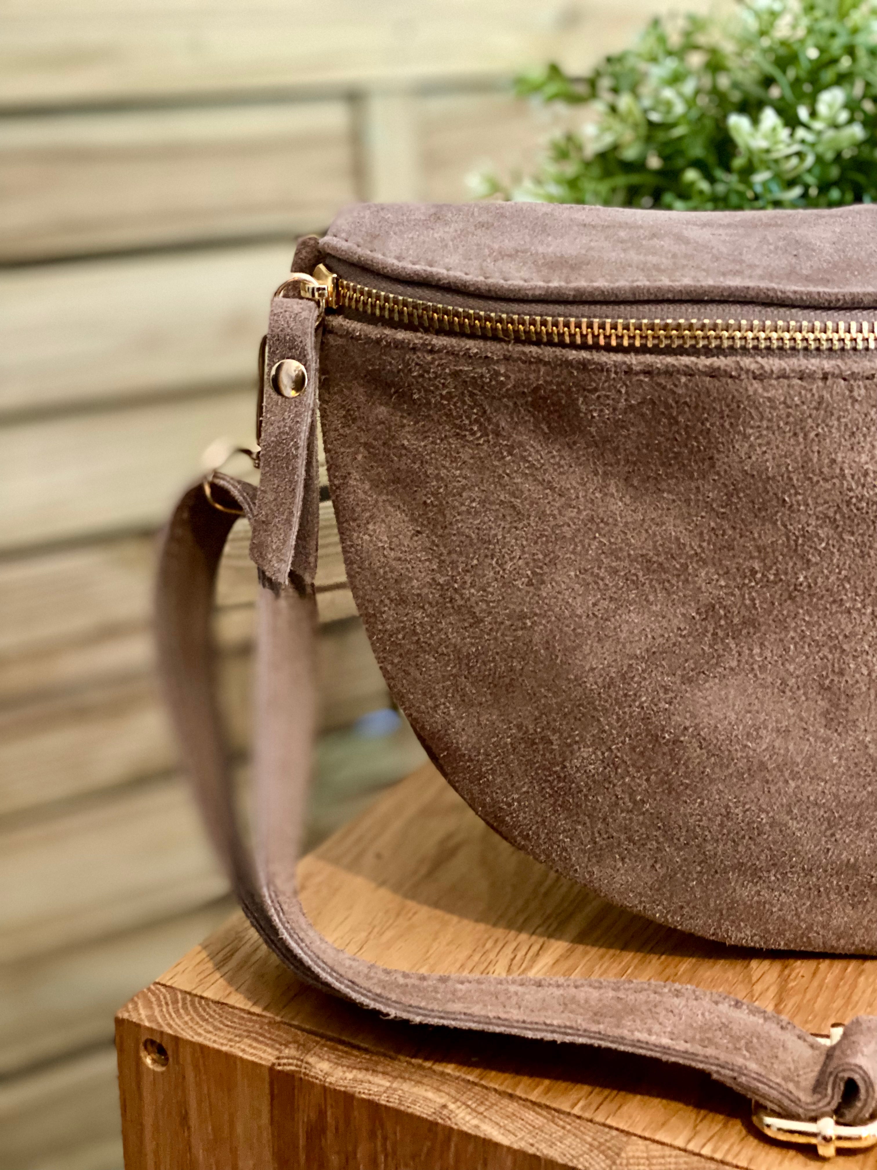 Sac banane XL en cuir velours 30cm JUDY - Taupe (7 coloris)