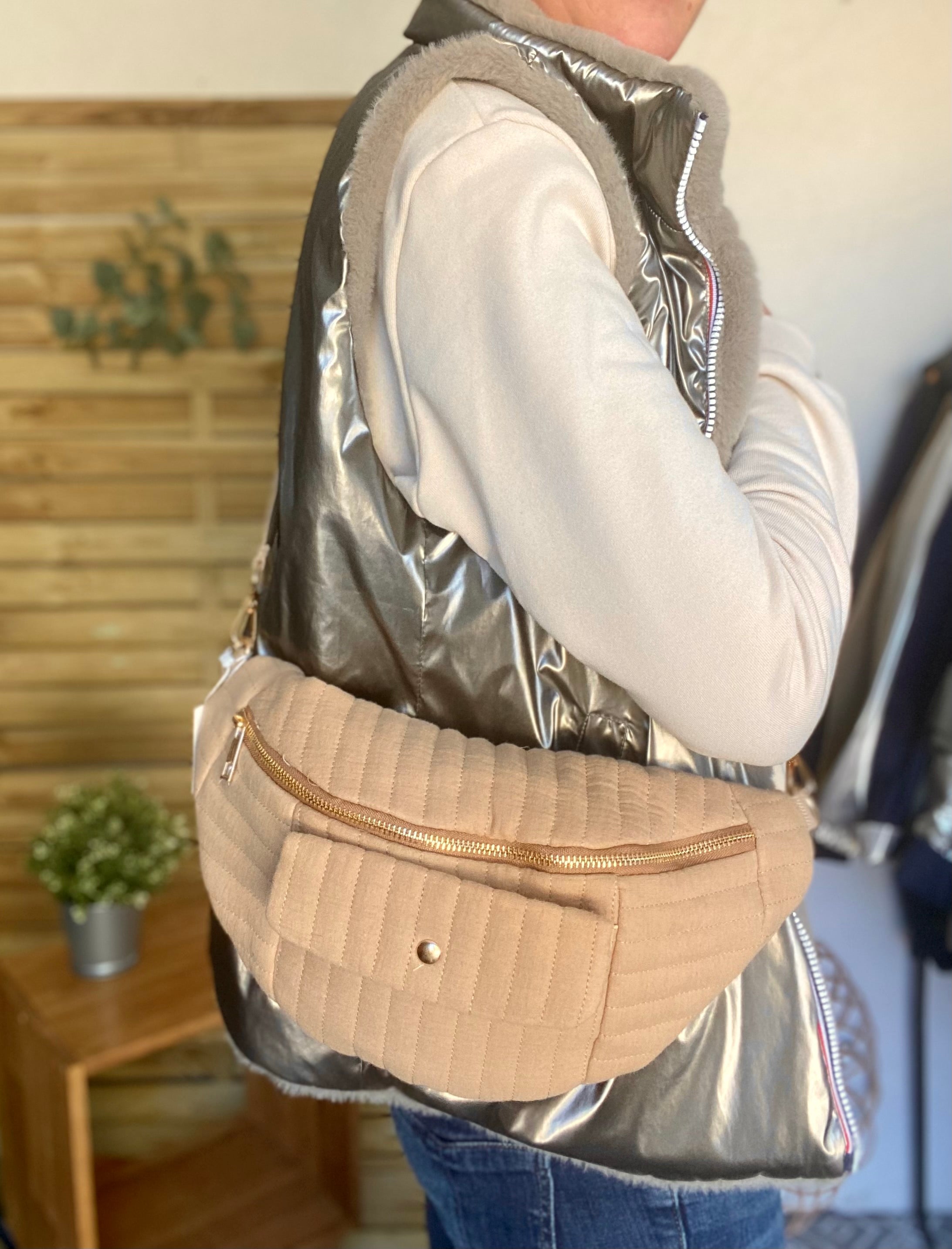 Sac banane XL matelassé poche avant - CHELSEA - Beige foncé