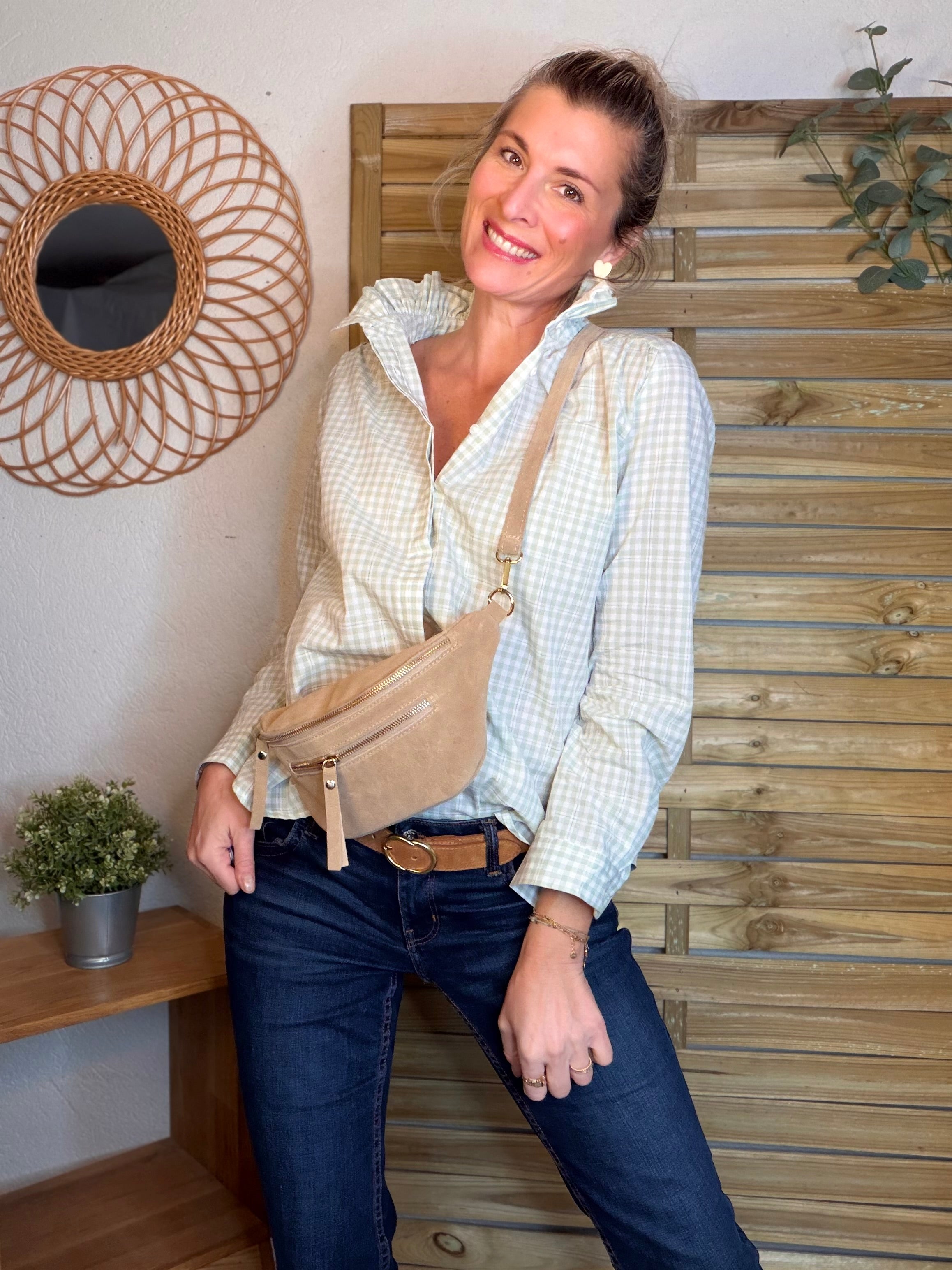 Chemise imprimée vichy, col victorien volanté MEREDITH - Vert d’eau