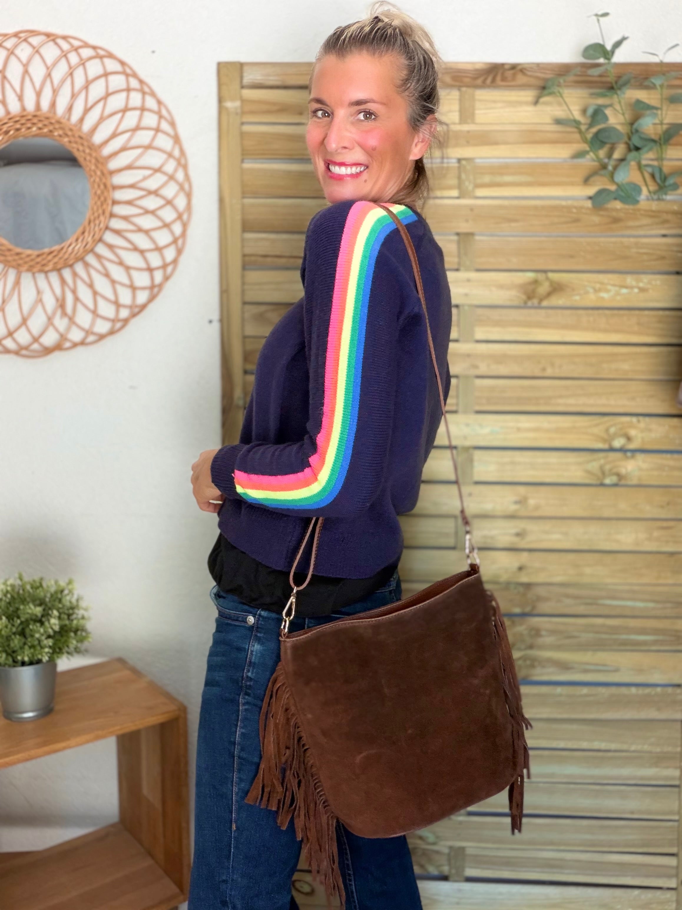 Sac seau en cuir daim avec franges KYLIE - Camel foncé (Café)