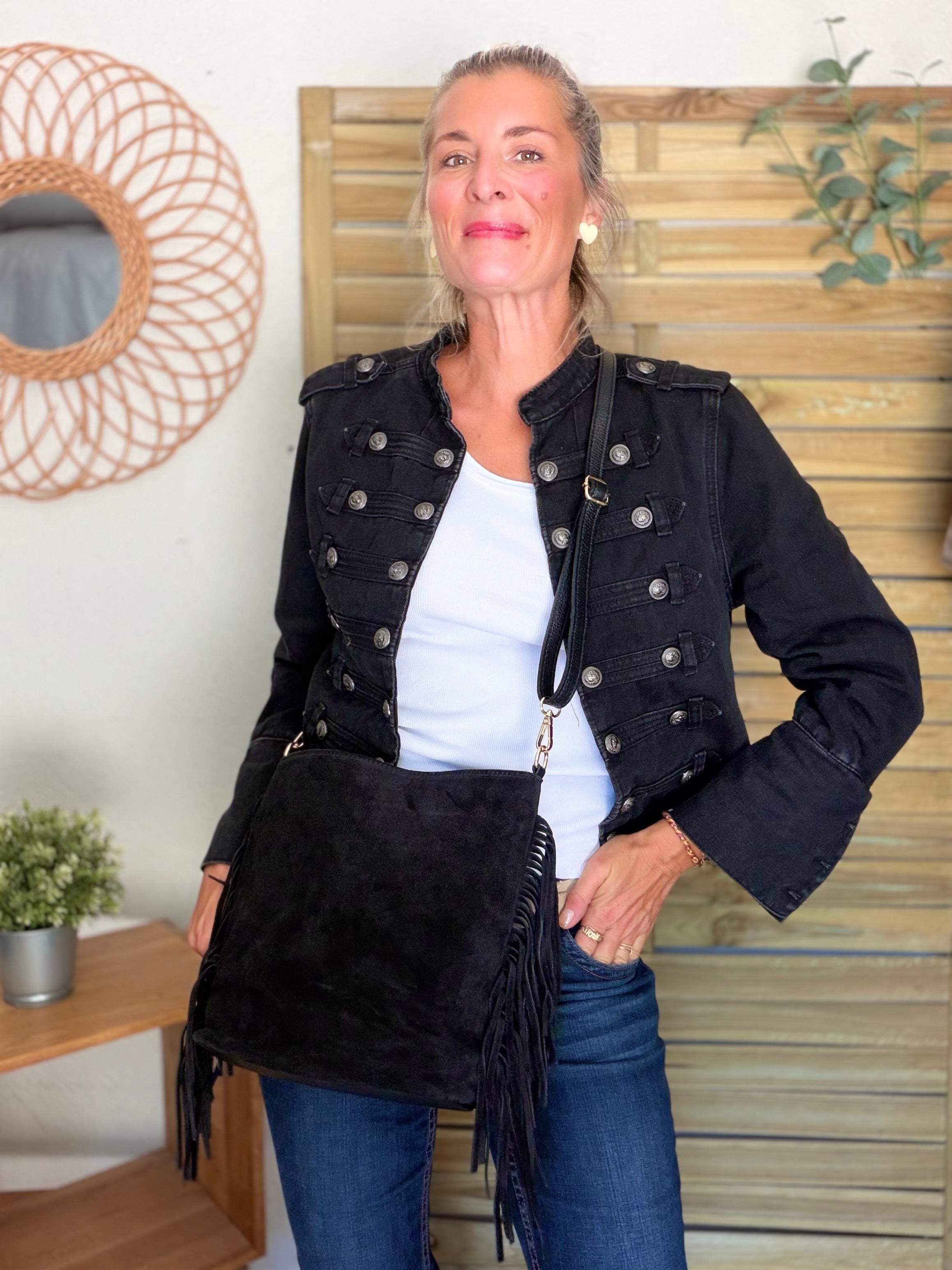 Sac seau en cuir daim avec franges KYLIE - Noir